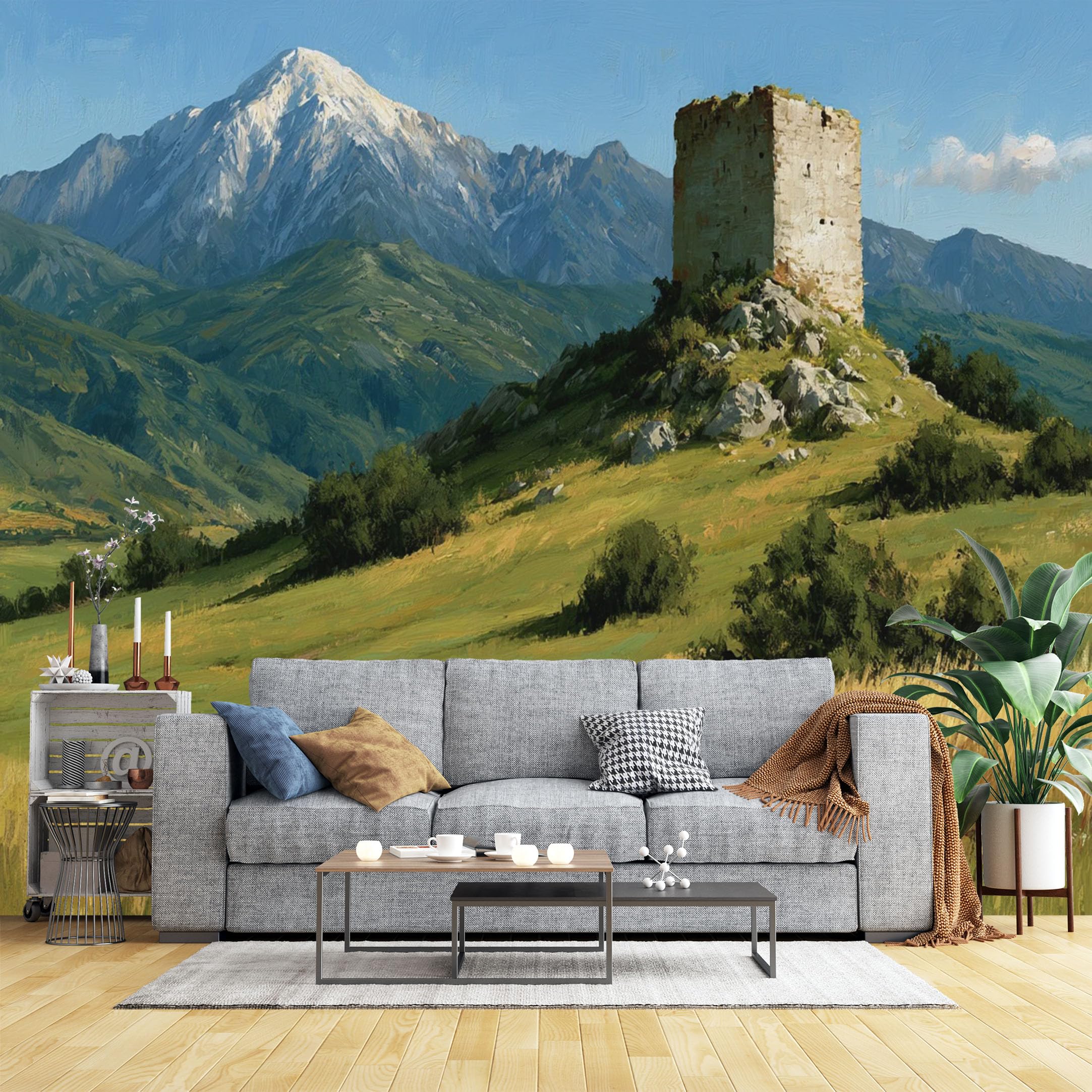 Custom Size Wall Murals Mountain Tower in Alpine Meadow Wall Murals Scenic Landscape Wallpaper, Realistic Self-Adhesive Removable Wallpaper for Living Room