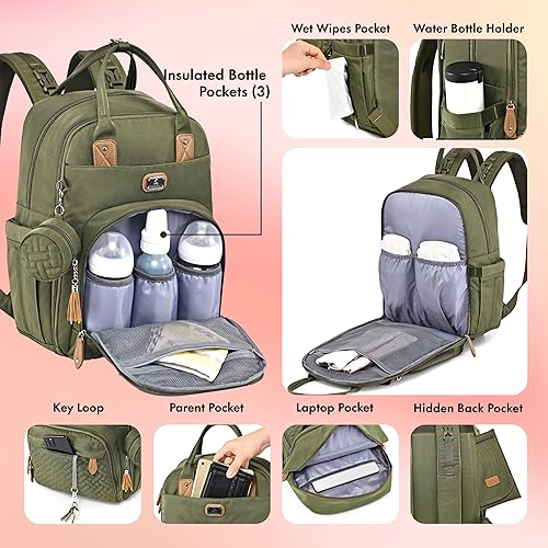 Miniatura 4 de Dikaslon - Mochila para pañales con cambiador portátil, funda para chupete y correas para cochecito, bolsas de bebé unisex grandes para niños y