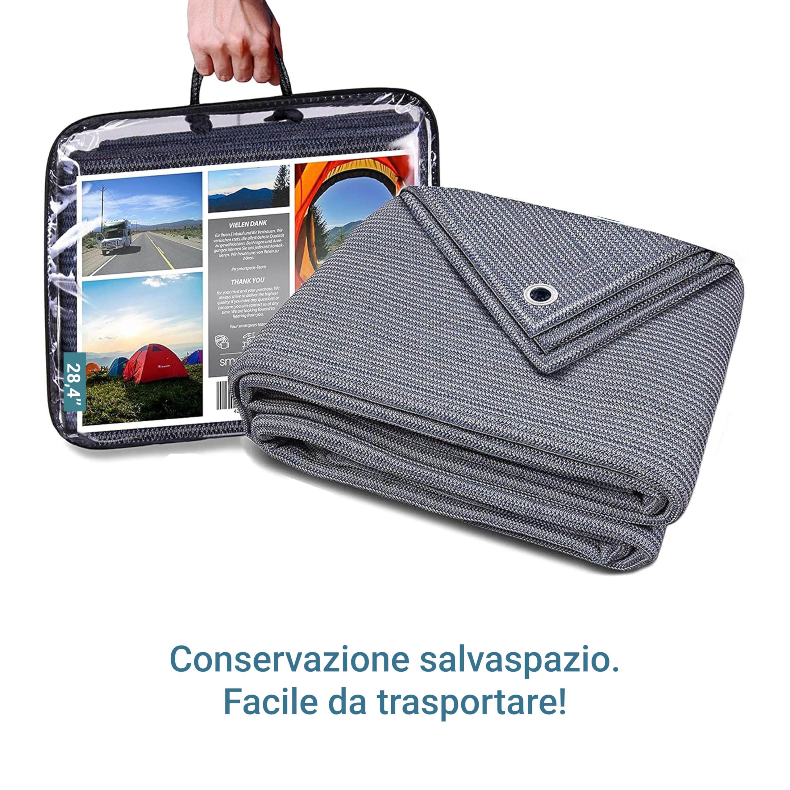 Tappeto Da Campeggio 250X600Cm - Blu/Grigio - Altamente Robusto E Lavabile (Hdpe) + Inclusi: 8 Picchetti