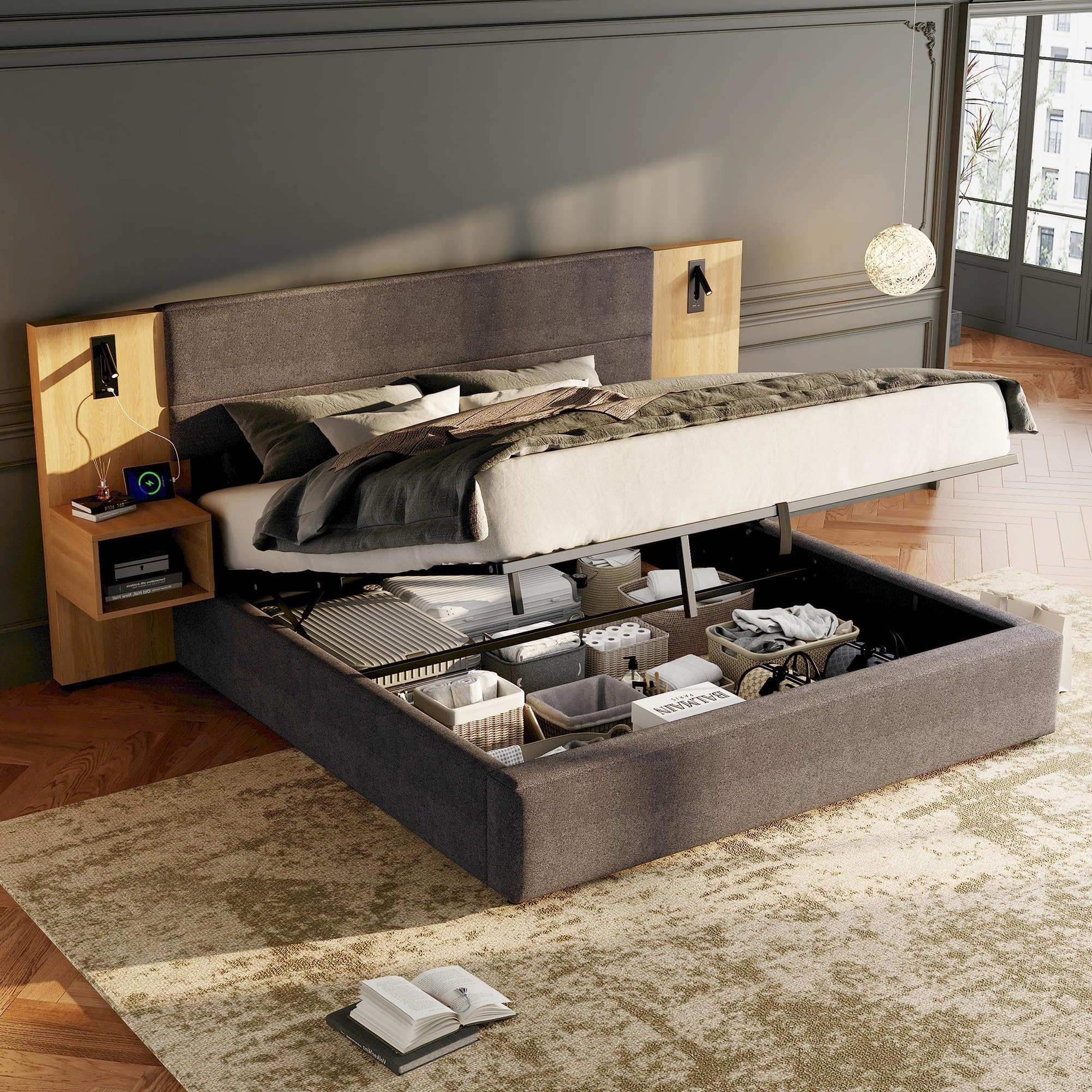 Letto imbottito 160 x 200 cm, idraulico, con connettore USB, illuminazione con due comodini con spazio di archiviazione, rete a doghe in legno, facile da montare, velluto grigio + naturale