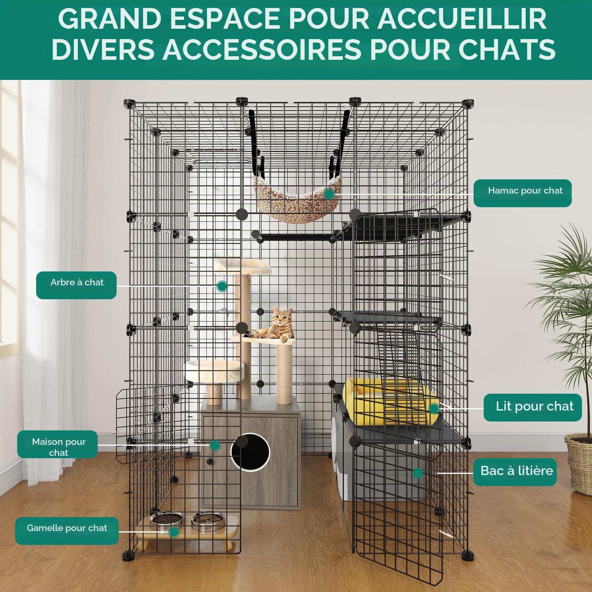 YITAHOME Grande Cage pour Chat à 4 Niveaux, Enclos pour Chats avec Hamac Amovible, Chenils Intérieur/Extérieur, Métal Amovible, Clôture pour Petits Animaux pour 1 à 4 Chats, 105 x 105 x 140 cm