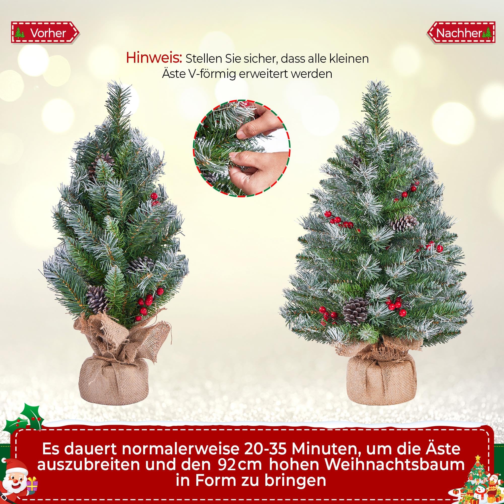 Yaheetech 2 Stück 92 cm Mini Künstlicher Weihnachtsbaum mit Schnee inkl. 50 Warmweiß LED & 70 Roten Beeren & 10 Tannenzapfen, Kleiner Christbaum Tisch Tannenbaum für Weihnachtsdeko