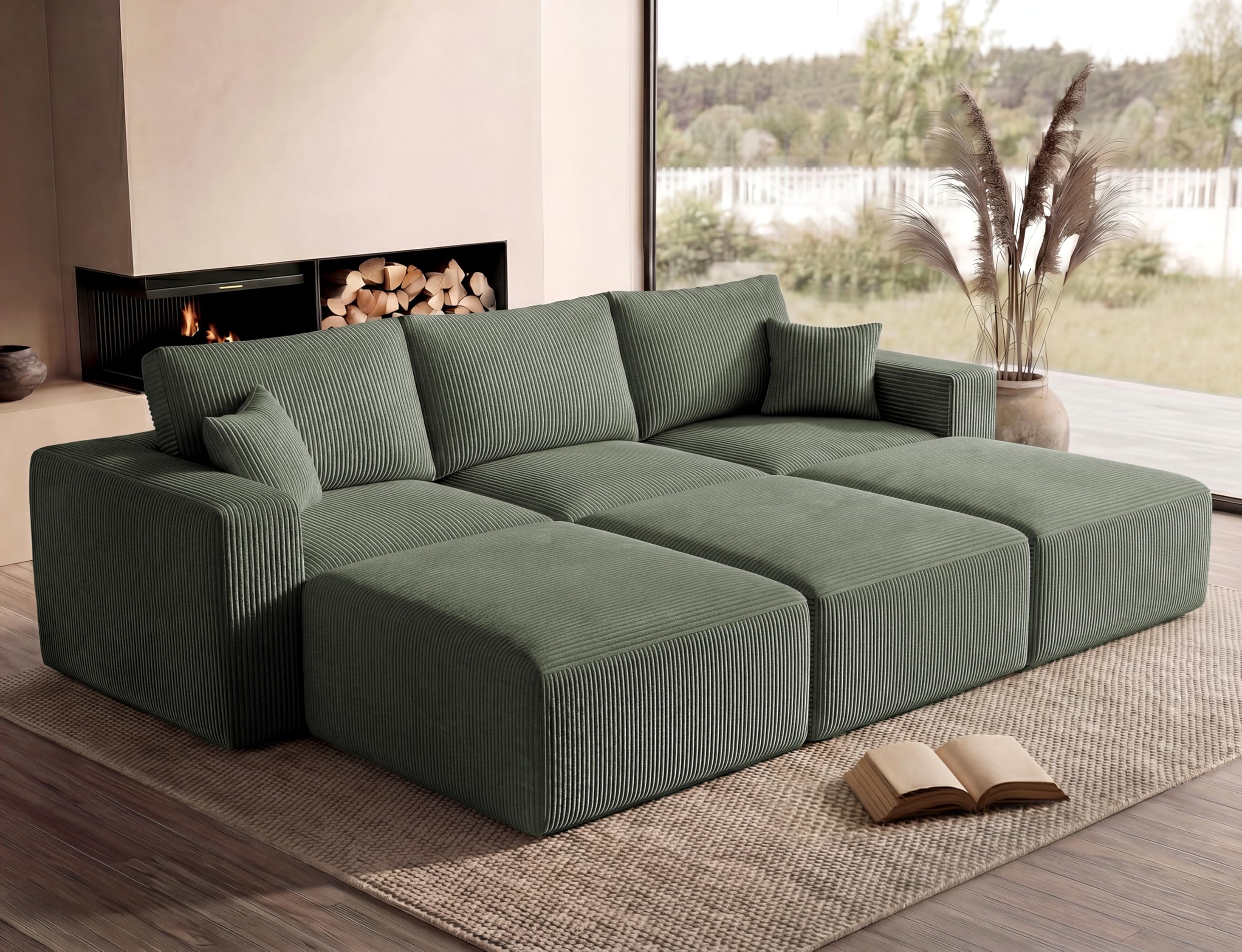 Living&Giving（WALKBON） Modular Sectional Sofa Bed with Chaise, 115" Memory Foam Cloud Couch, Boneless Corduroy Upholstered Floor Couch, No Assembly Required Living Room Furniture for Apartment Home, Green