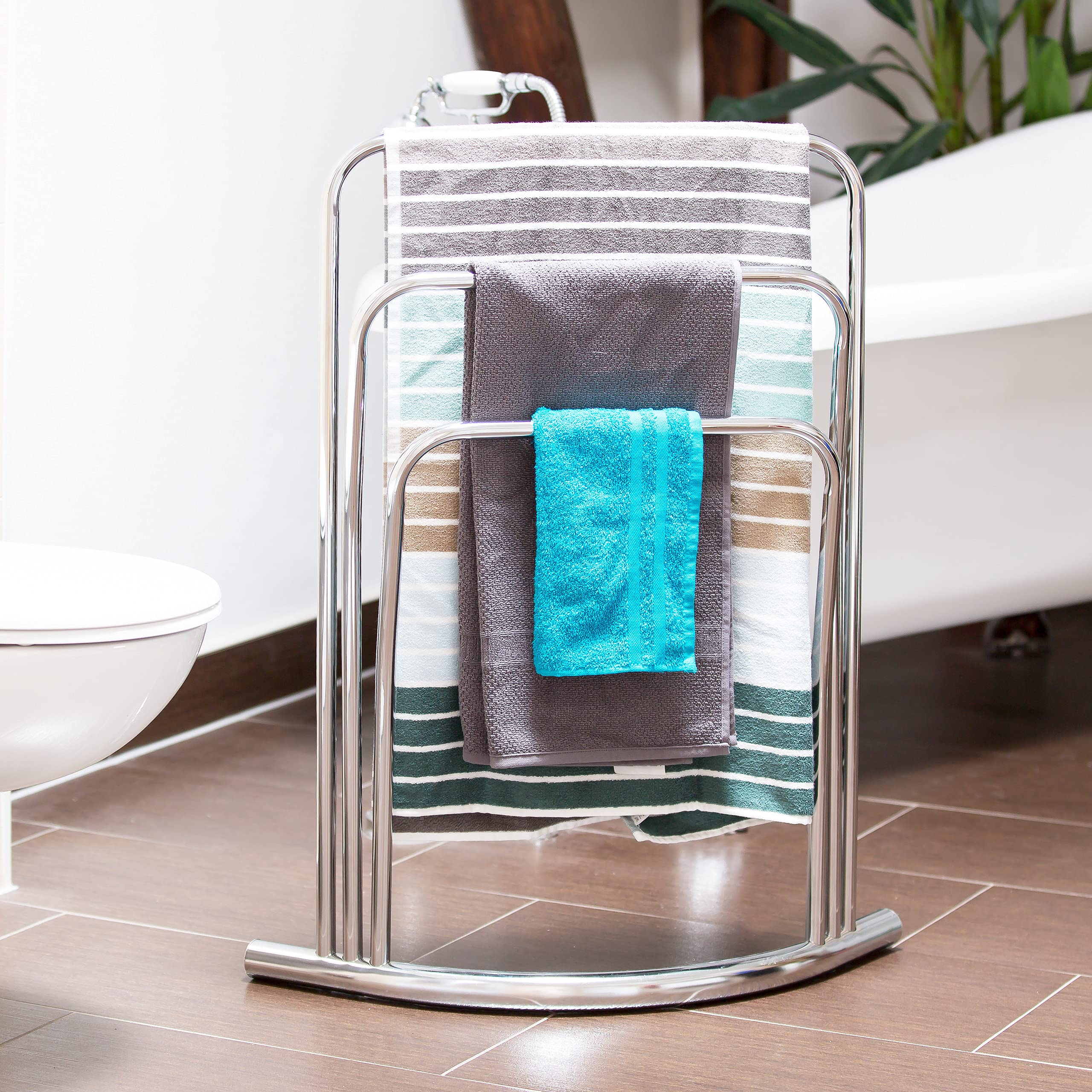 Relaxdays Porte-serviettes CURVY, 3 barres, en métal (acier), HLP : env. 85 x 66 x 20 cm, pour la salle de bain, argenté
