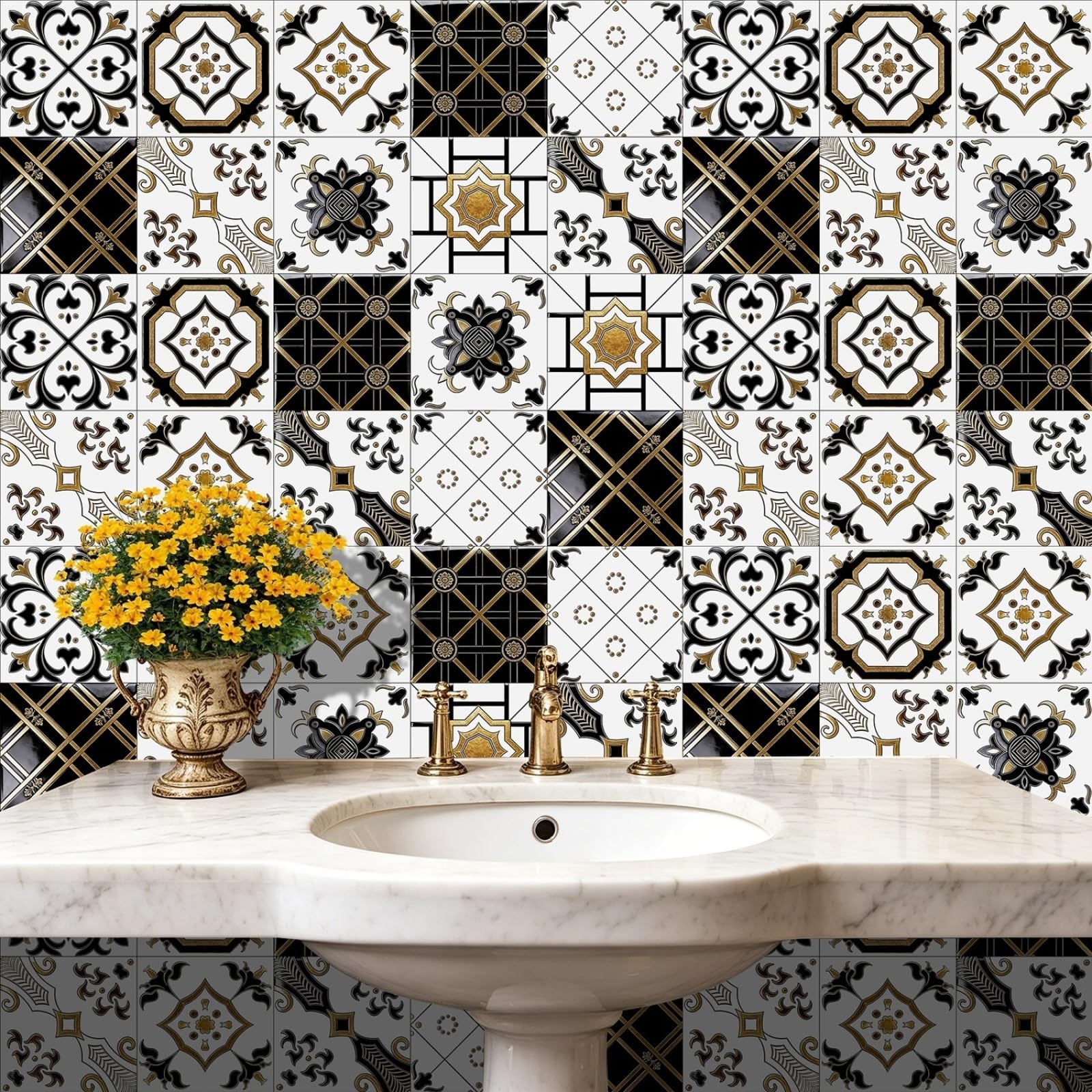 Stick on Tiles Mandala Black Gold Tile Stickers for Bathroom Kitchen Backsplash Waterproof Tile Covers for Fireplace Surround Cabinet Furniture Stick on Kitchen Tiles 20x20 cm/10 pcs