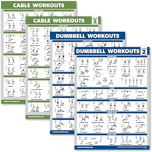 Paquete de 4 pósteres de entrenamiento de máquina de cable volumen 1 y 2 + tabla de ejercicios con mancuernas volumen 1 y 2 (laminado, 18 x 24