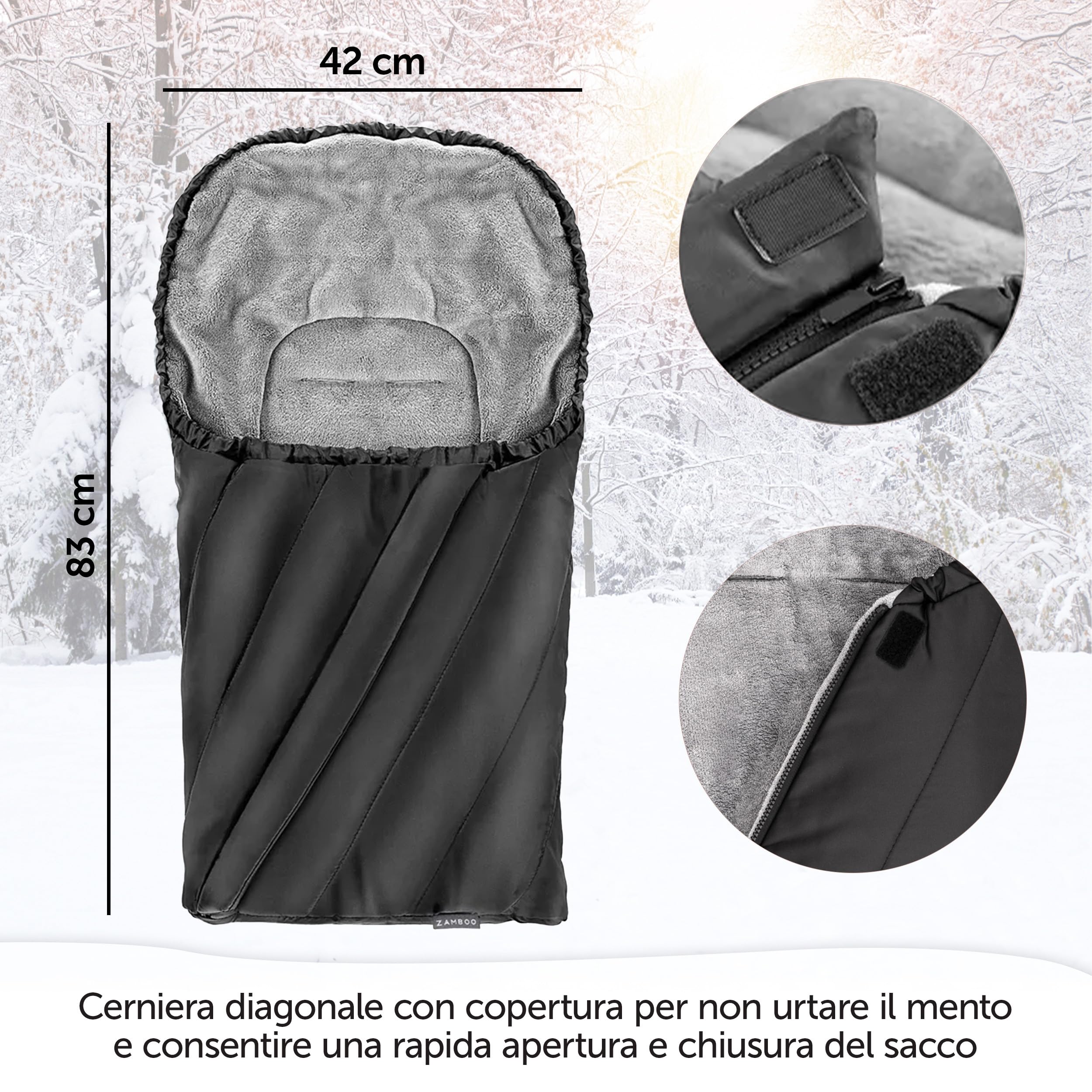 Zamboo Sacco Invernale Ovetto Universale/Sacco Nanna Ovetto Invernale in Thermo Pile, con Fessure per Cintura a 3 o 5 Punti, Con Borsa - Nero