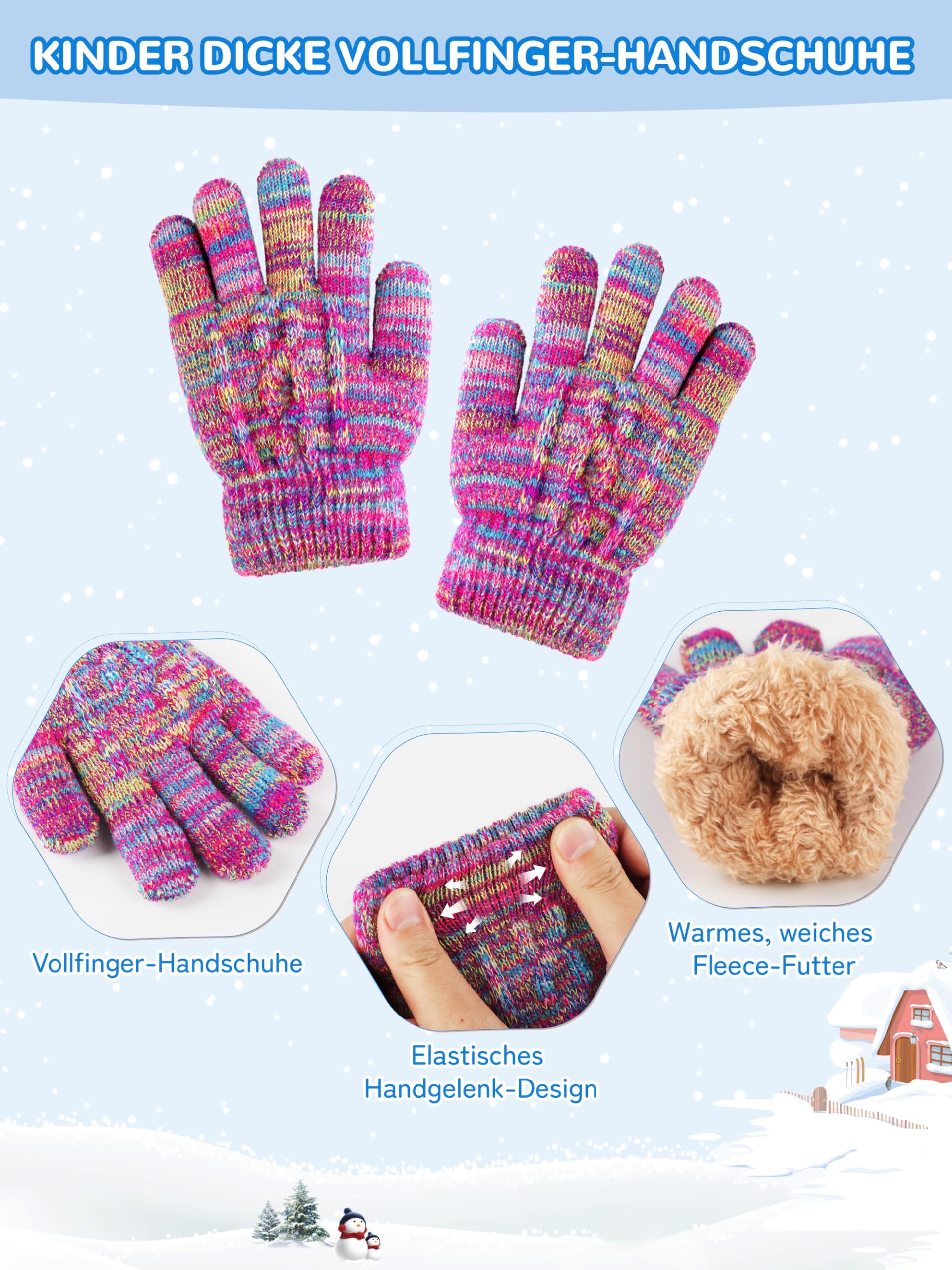 VZV Kinder Winter Mütze Schal Handschuhen Set, Winter Strickmütze mit Bommel Warme Halstuch Gefütterte Fleece-Handschuhe für Jungen Mädchen 2-14 Jahre