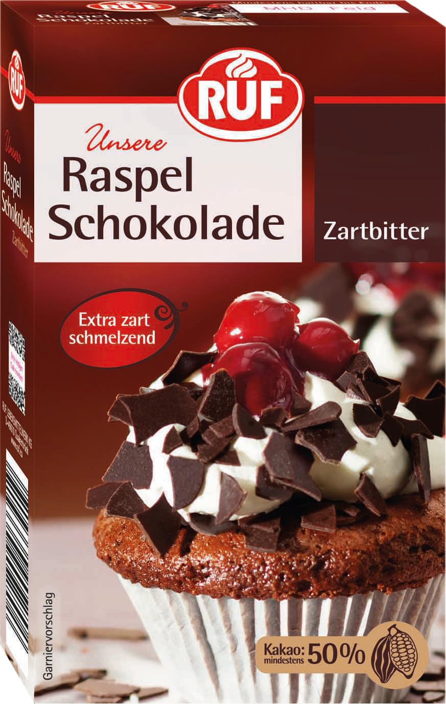 RUF Zartbitter Raspel-Schokolade, 100g geraspelte Schokolade Zartbitter, hauchdünn & zartschmelzend, zum Torten garnieren, glutenfrei und vegan
