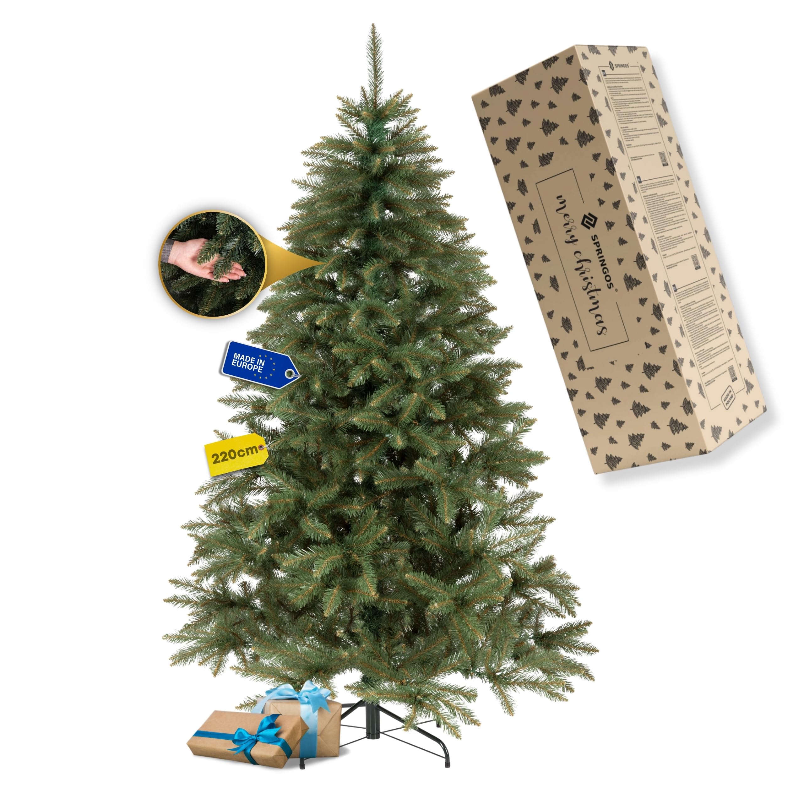 SPRINGOS Sapin de Noël Artificiel en épicéa du Caucase 220 cm, Naturelle