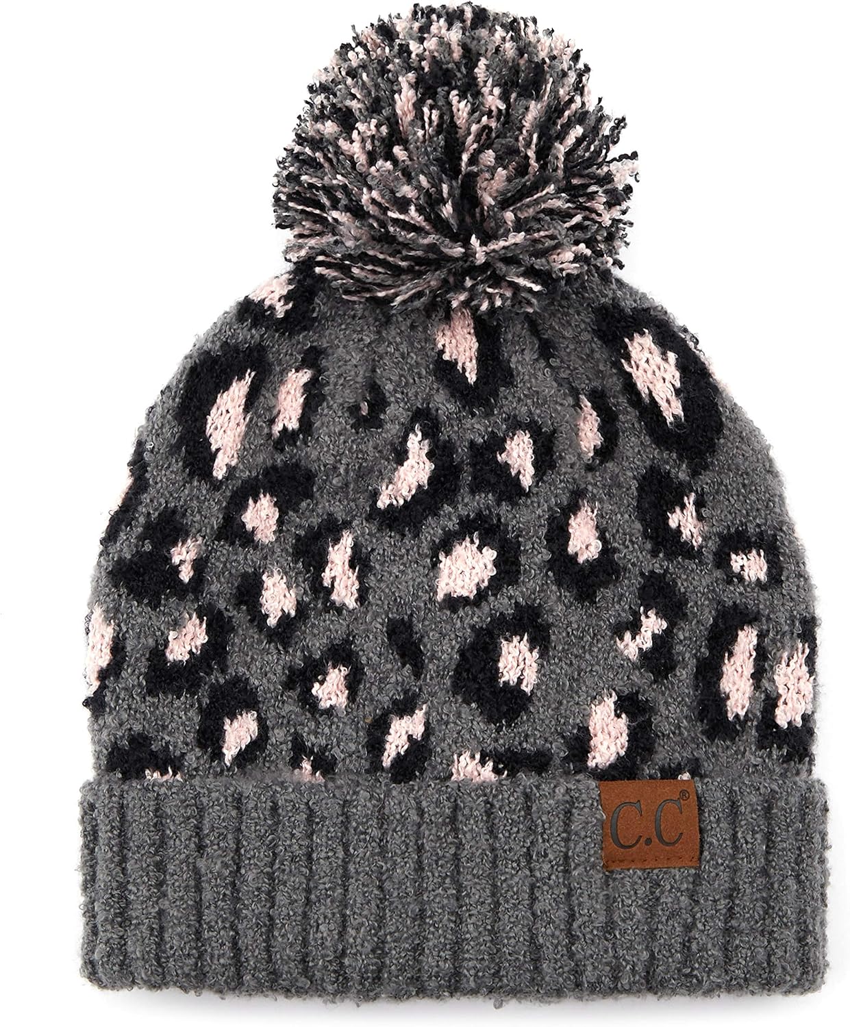 C.C Exclusives Soft Beanie hat with Leopard Pattern and Fur Pom(HAT-7001)(SF-7001)