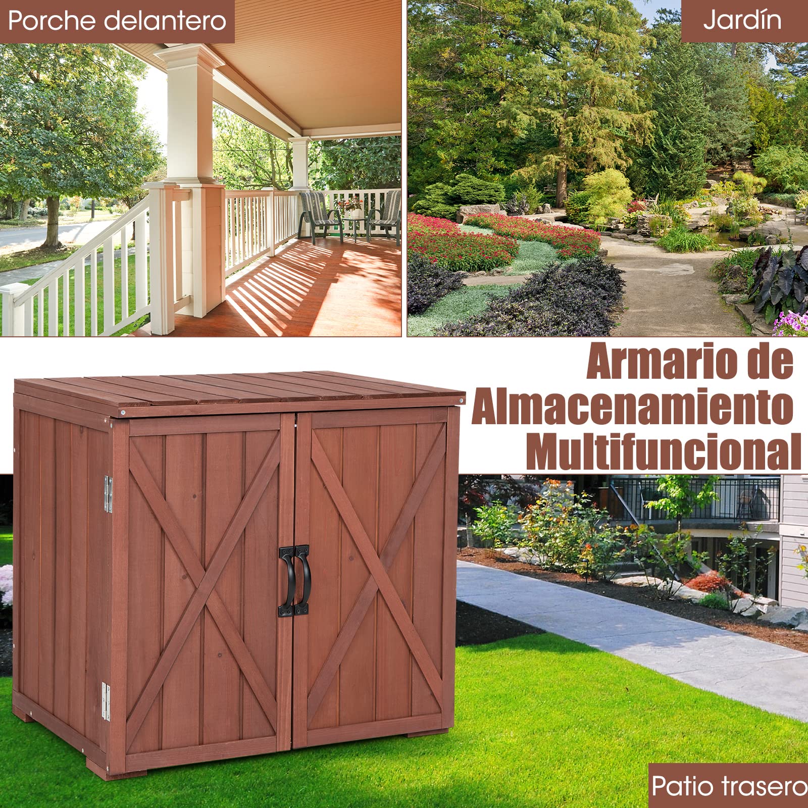 COSTWAY Armario de Almacenamiento de Madera de Abeto para Jardín, Organizador de Herramientas con 2 Puertas de Succión Magnéticas, Cobertizo con Amplio Espacio de Almacenamiento para Patio, Jardín