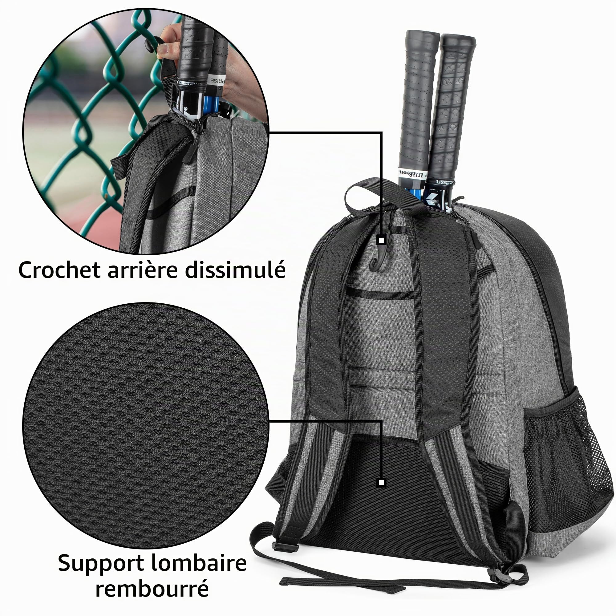 DSLEAF Sac de Tennis Peut Contenir 2 Raquettes, Sac à Dos avec Compartiment à Chaussures Ventilé Séparé pour Les Sports de Tennis/Pickleball/Badminton/Squash (Version Améliorée)
