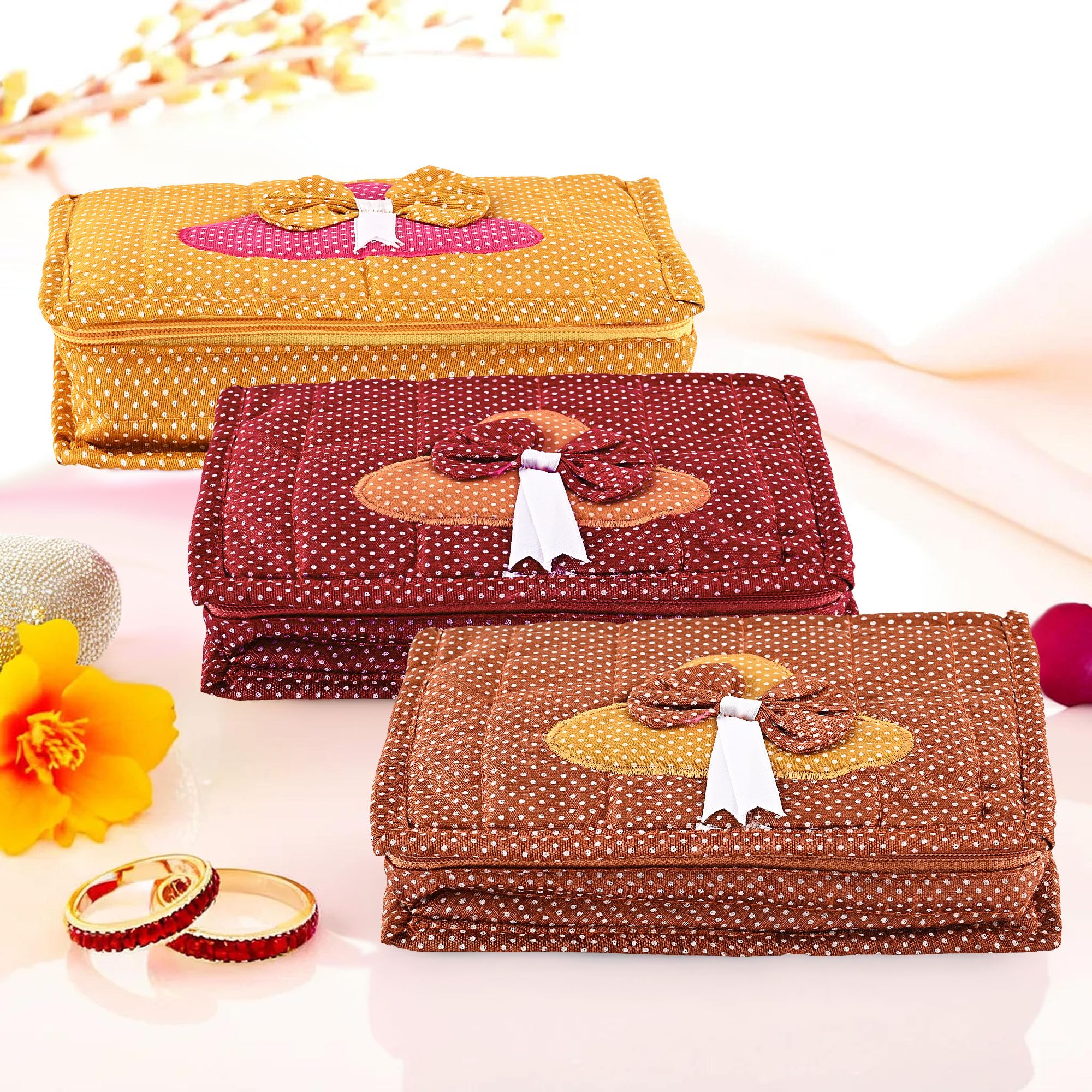 Kuber Industries Pack of 3 Cosmetic Organisers Storage Box | 7 Pockets Jewellery Organisers For Travel | Toiletries Bag | Dot Maroon, Golden & Brown