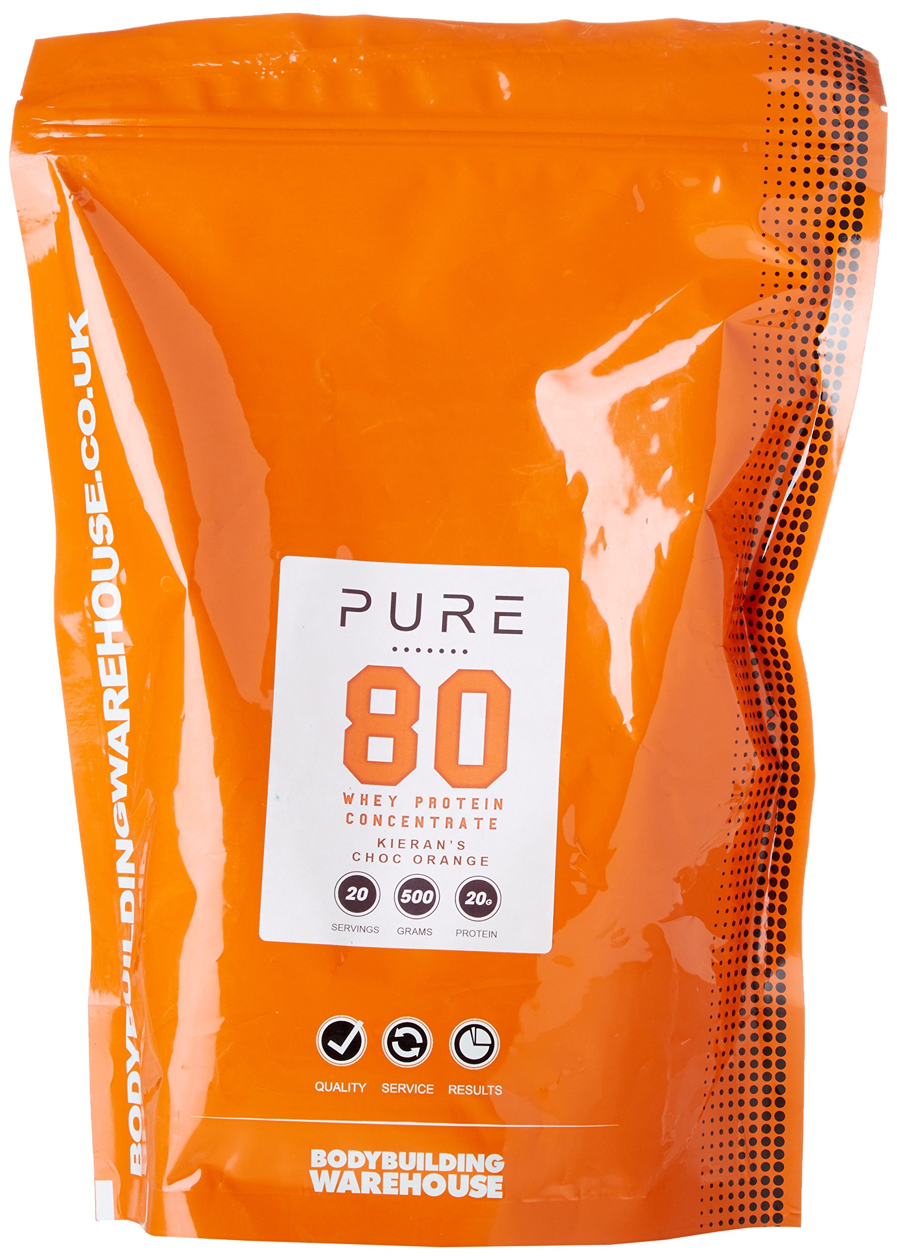 Pure Whey Protein Concentrate 80 - Premium Grass Fed, Low Carb, Low Fat Supplement - 20g Protein Per Scoop - Bodybuilding Warehouse (Chocolate Orange, 500g)