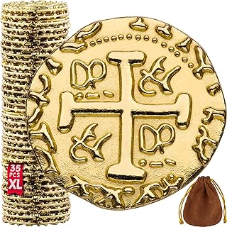 Premium Metal Pirate Coins -35 X Large Pirate Gold Coins for Kids, Fake Gold Coins, DND Coins, Metal Coins, Fantasy Coins, Tokens - Diameter: 1.18"
