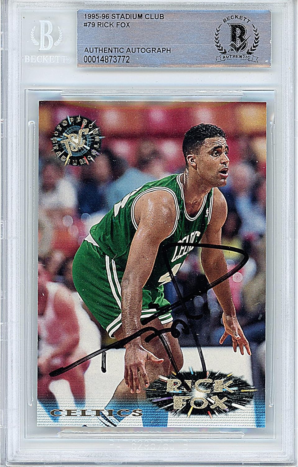Rick Fox Autographed 1995 1996 Topps Stadium Club #79 Basketball Trading Card Slab Beckett BAS Authentic Slabbed COA Played For Boston Celtics NBA