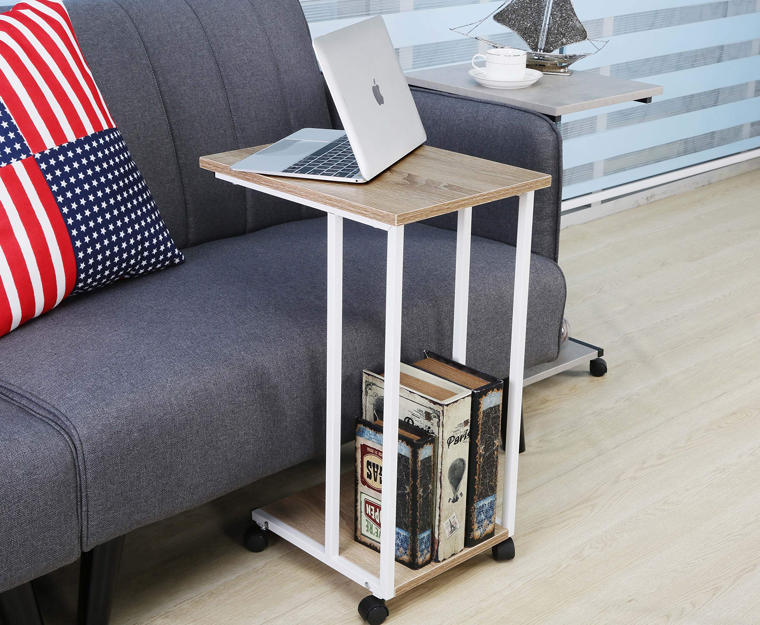 JJS Side End C Table for Sofa, Living Room Couch Table Snack Table That Slide Under for Small Spaces, Oak/White