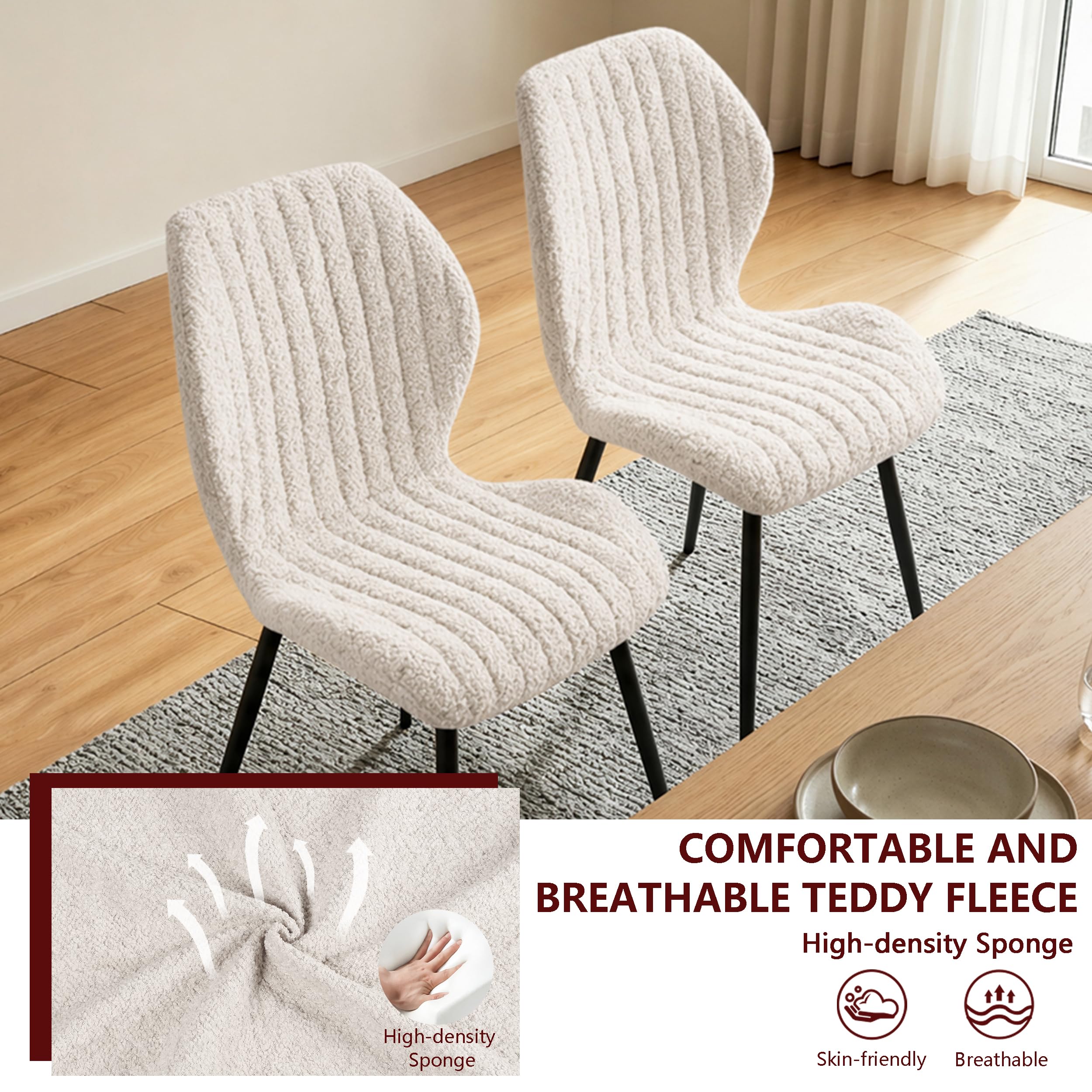 Lot de 4 Chaise de Salle à Manger, Chaise de Cuisine en Lin, avec Pieds en Métal Noir, Coussin en Tissu Rempli D'éponge à Rebond Haute Densité, Convient pour Salle à Manger, Cuisine - Beige