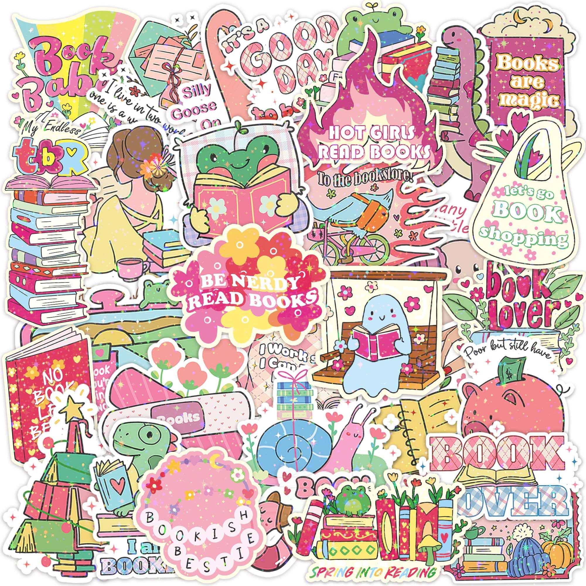 Pink Bookish Sticker for Kindle, 103 PCS Holographic Stickers Pack for Adult, Reading Stickers, Bookish Gifts for Book Lovers, Waterproof Vinyl Decals