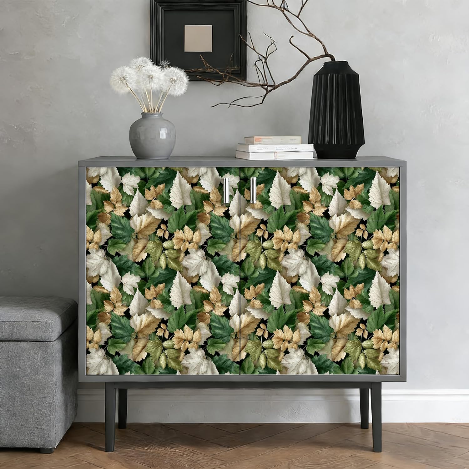 Autumn Botanical Leaf Peel and Stick Wallpaper, (Green, Gold and Cream) Vintage Textured Leaf Pattern Wallpaper for Home Decor | 17.7" x 236", Self-Adhesive, Waterproof Vinyl