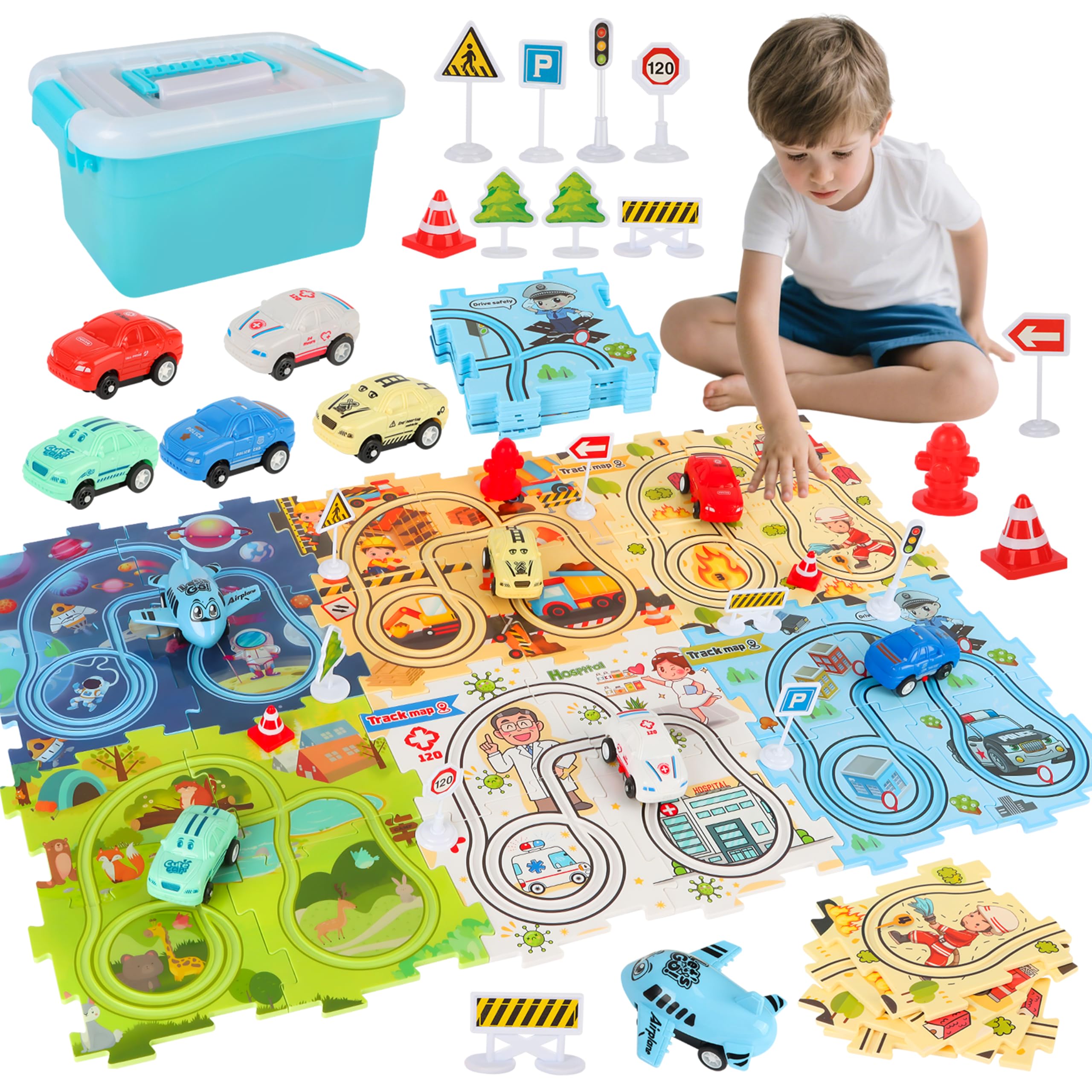 Charmofun 6 Styles Circuit Voiture Enfant, Jeux Éducatif pour Enfants 3 4 5 6 7 Ans, DIY Puzzle Piste de Course avec 6 Voitures Jouets, Cadeau pour Garçon Fille 3+ Ans