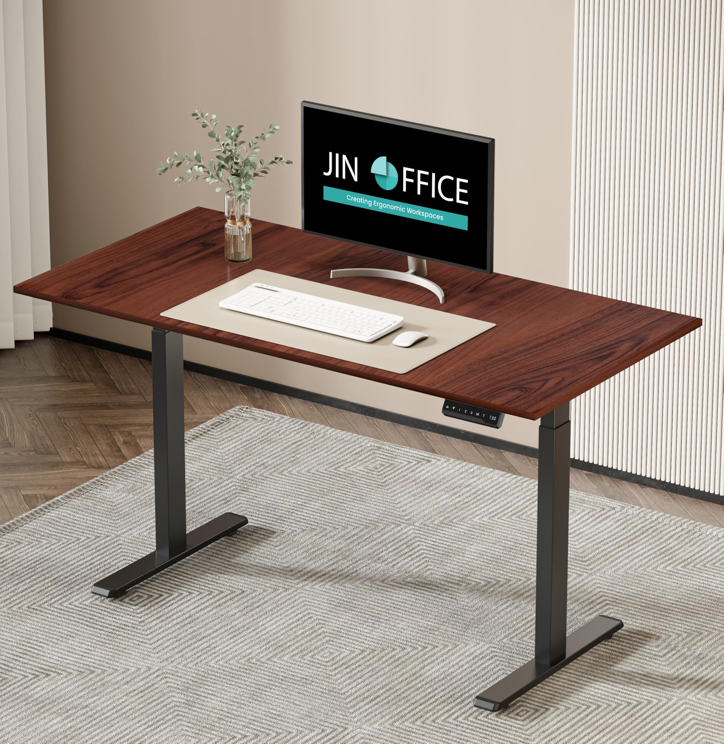 JIN OFFICE Zenith Electric Height Adjustable Desk| Standing Desk with 100 Kg Wt. Capacity & 3 Year Warranty| Sit Stand Table with 3 Memory Preset| Ergonomic Table| Black & Brown|1200X750mm/25MM Thick