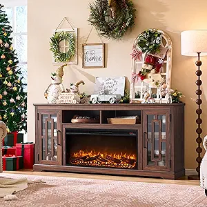 JXQTLINGMU Farmhouse Fireplace TV Stand with 36" Electric Fireplace for 80 Inch TV, 32" Tall Entertainment Center, Modern Media Console, 6 Shelves Storage Cabinet for Living Room, Brown