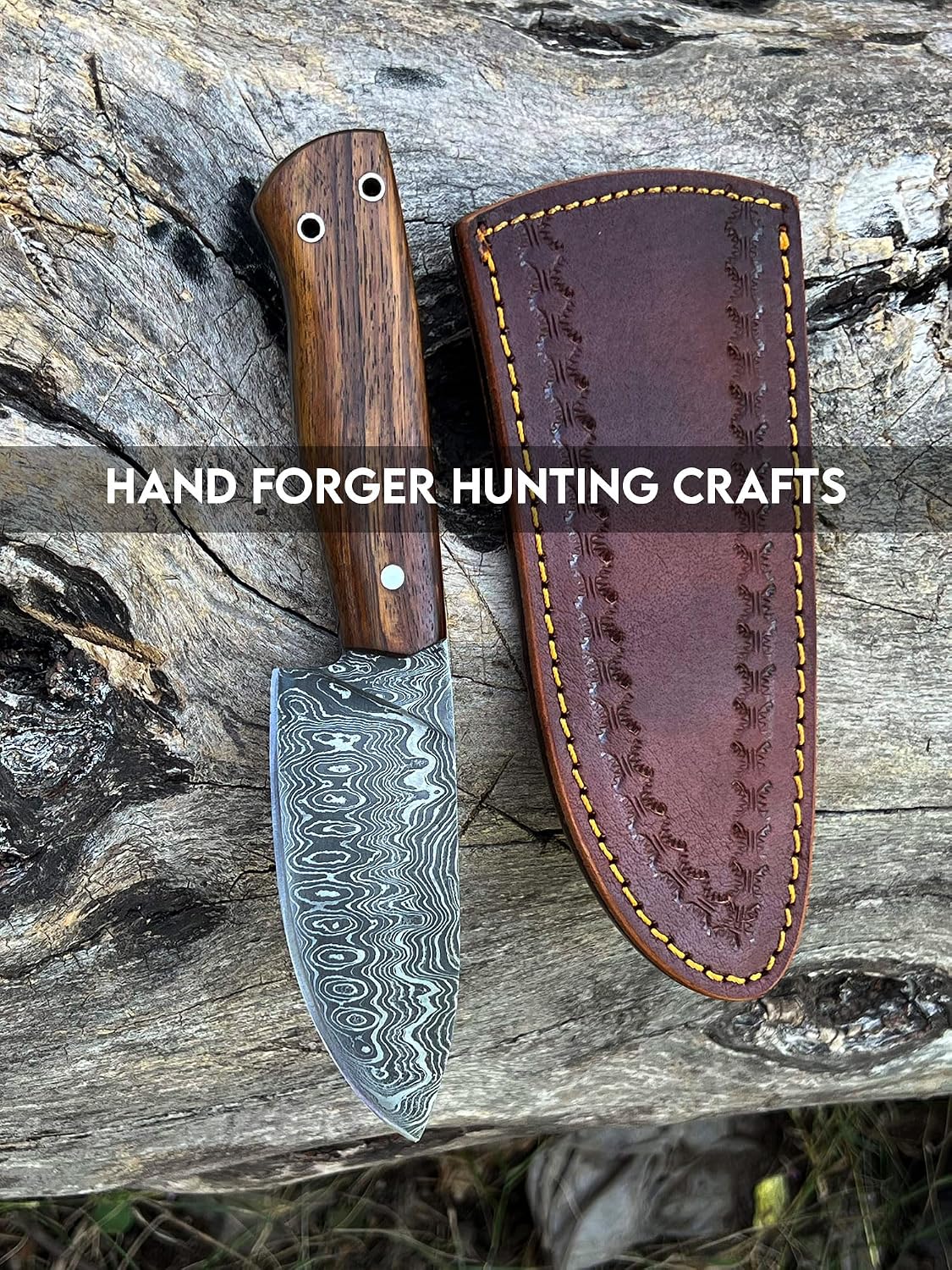 Hunting Knife with Sheath 09" Damascus Steel Full Tang Fixed Blade - Rosewood Handle