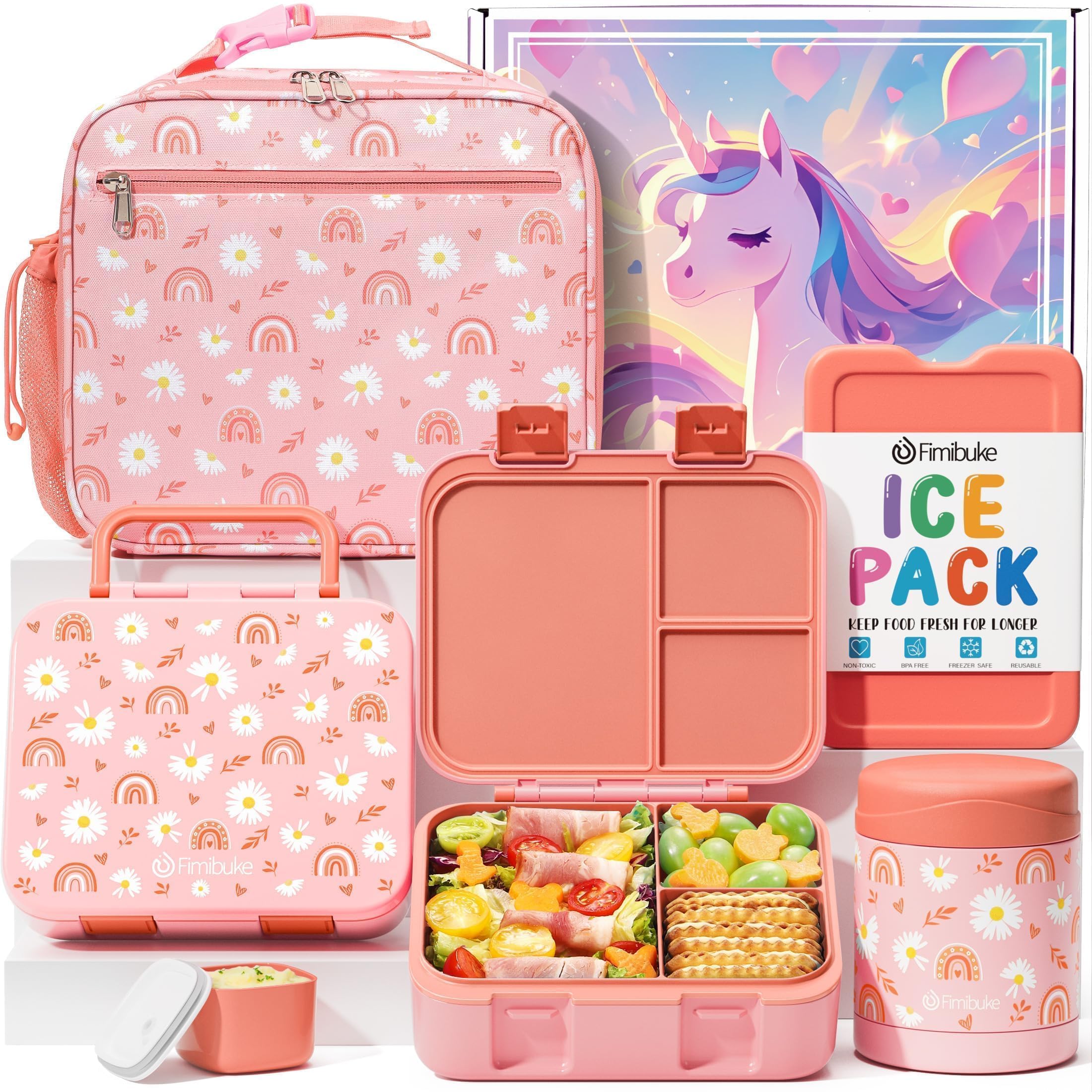 Fimibuke Bento Lunch Box for Kids with Food Ja, 3-Compartment 32OZ Snack Lunch Container, Lunch Bag, 12OZ Insulated Food Jar & Ice Pack Set for Age 3-