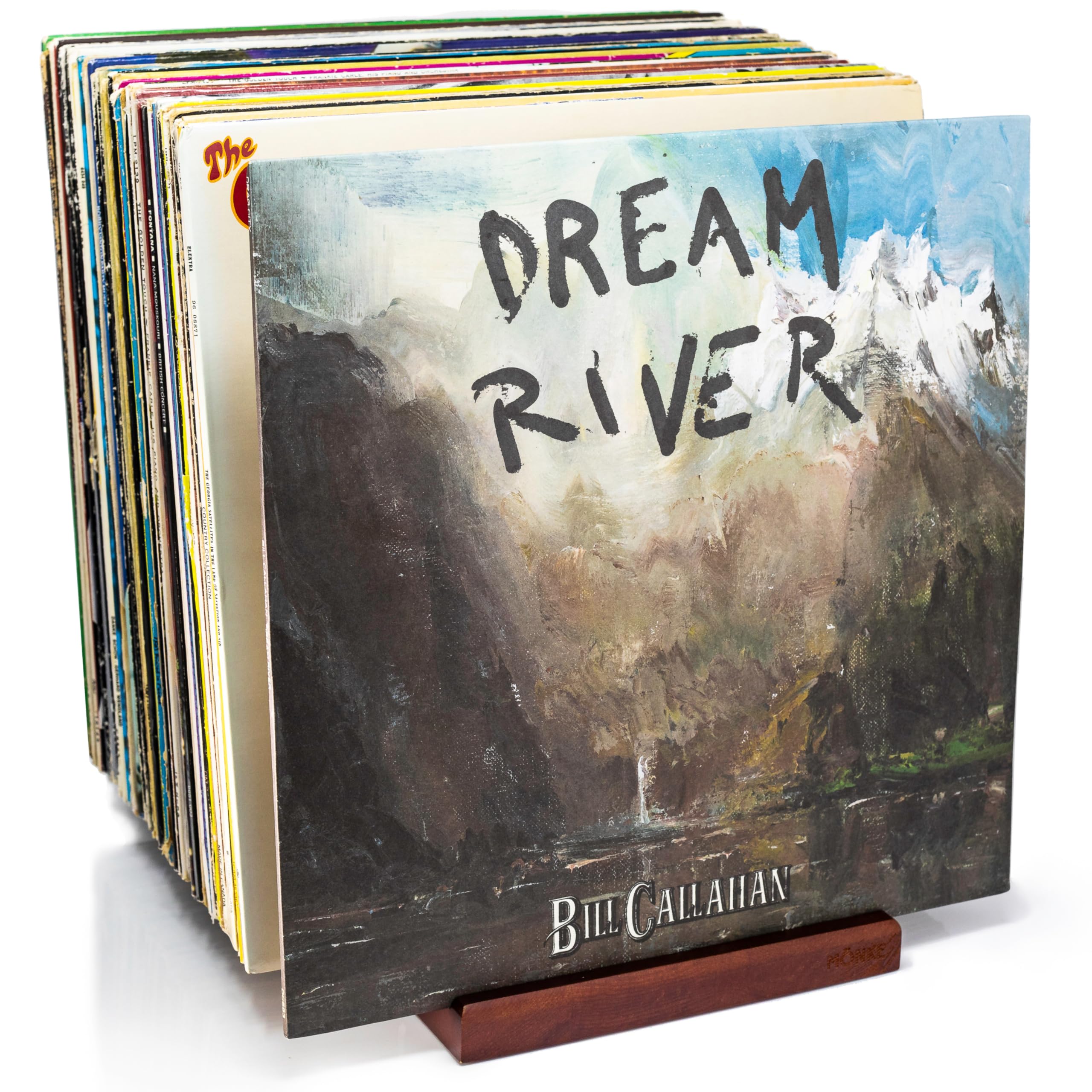 Premium Vinyl Record Stand - a Mid-Century Style Record Holder for Albums, 50-60 LP Capacity - with a Now-Playing Record Display Groove (Brown)