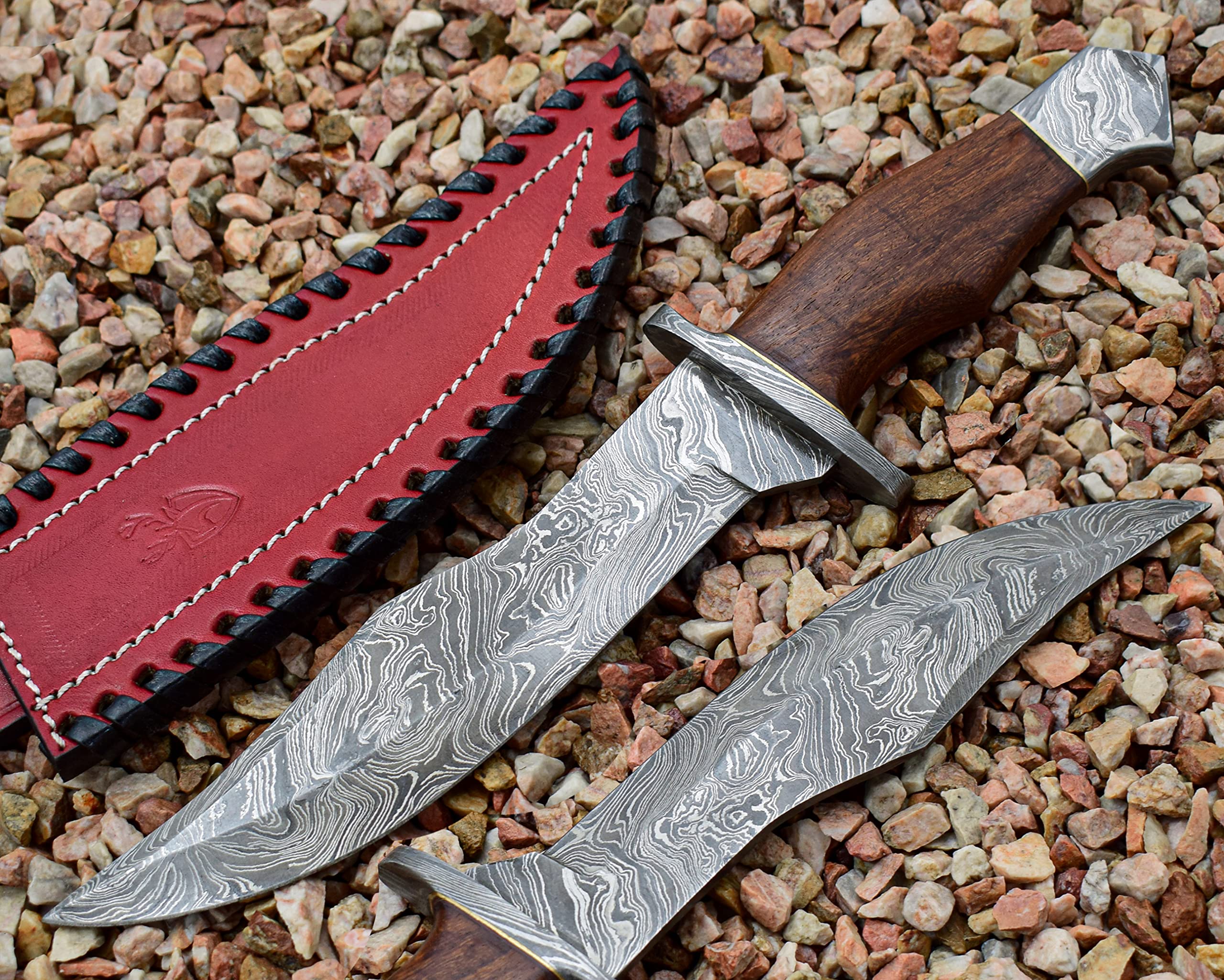 Photo 1 of Handmade Damascus steel knife 13" with expensive sheath included. Rosewood Handle with Damascus steel Guard and But. 7.5" twist pattern Damascus blade designed for camping, hunting and all other outdoor uses