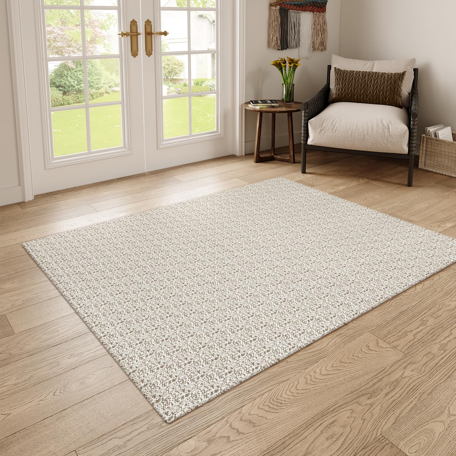 Collive Area Rugs 4x6, Farmhouse Machine Washable Living Room Rug Boho Woven Cotton Bedroom Rugs, Tan Modern Dining Room Rug Non Slip Indoor Carpet