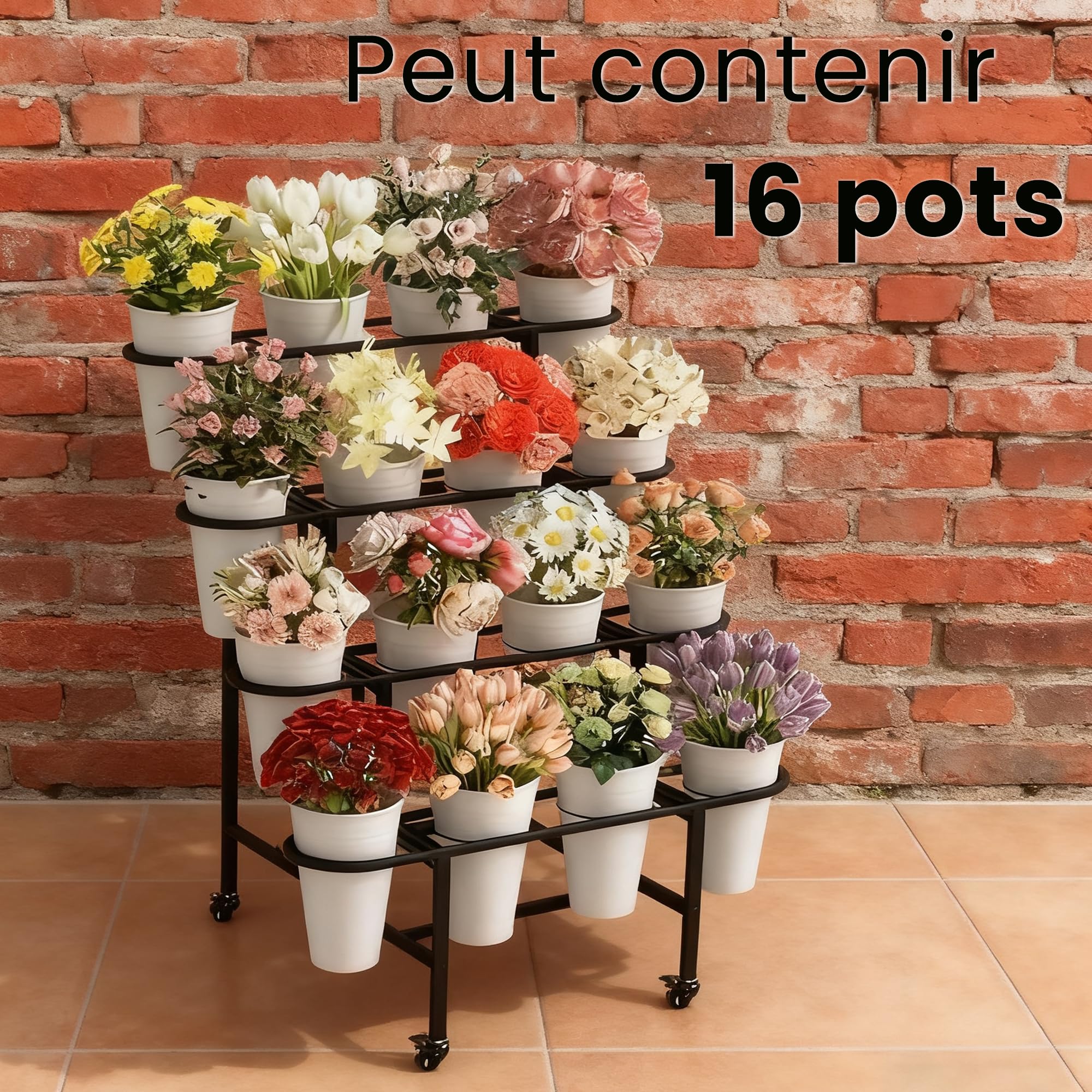 uyoyous Support de Plantes à 4 Étages, Support pour Plantes en Métal Étagère à Fleurs d'Intérieur et d'Extérieur avec Roulettes pour Balcon, Jardin, Salon, Ne comprend pas les 16 pots de fleurs, Noir