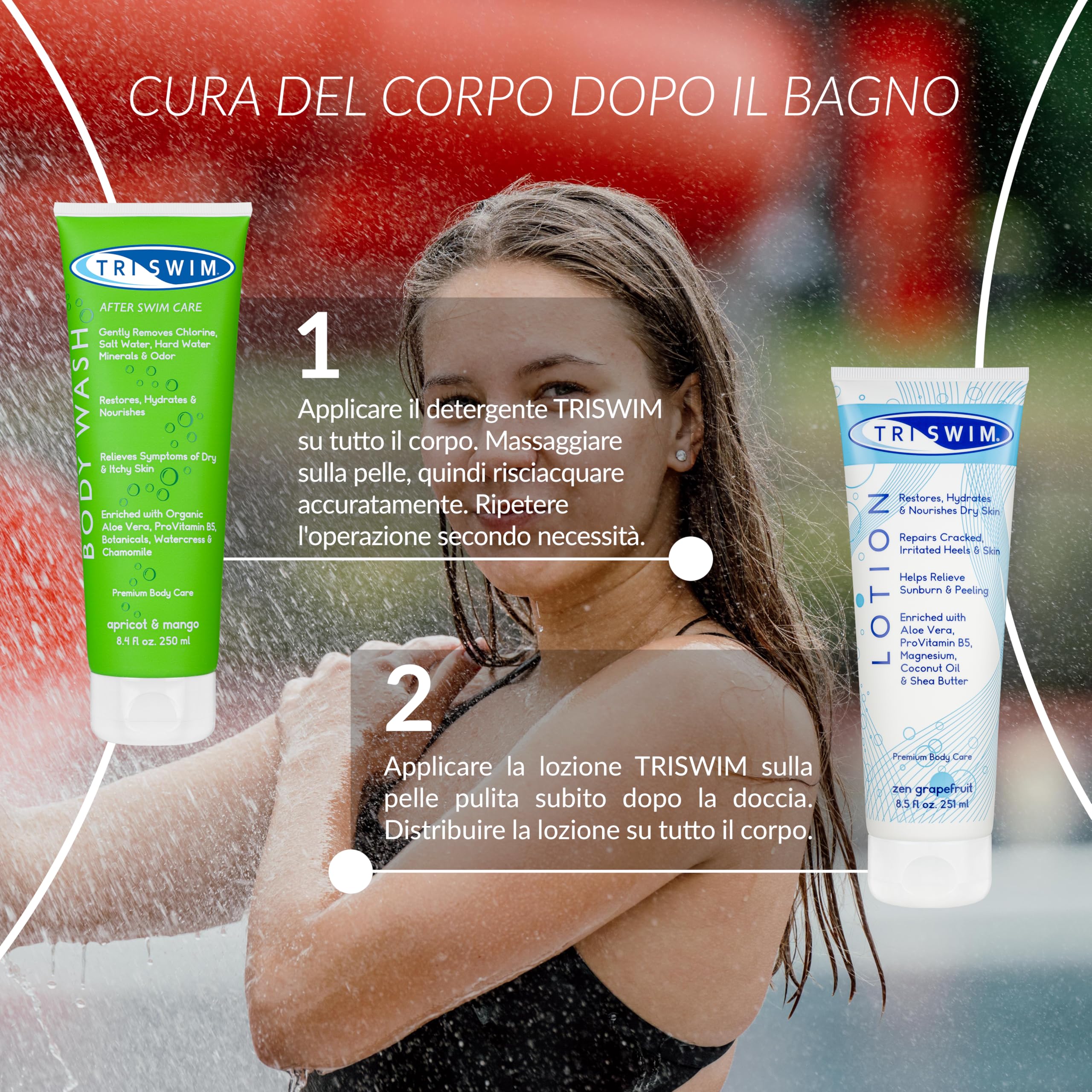 TRISWIM - Pacchetto di Cura del Corpo per la rimozione del Cloro per nuotatori, Lozione Corpo Anti Cloro, Bagnoschiuma per la Rimozione del Cloro, Docciaschiuma After Swim Care (250+251 ml)