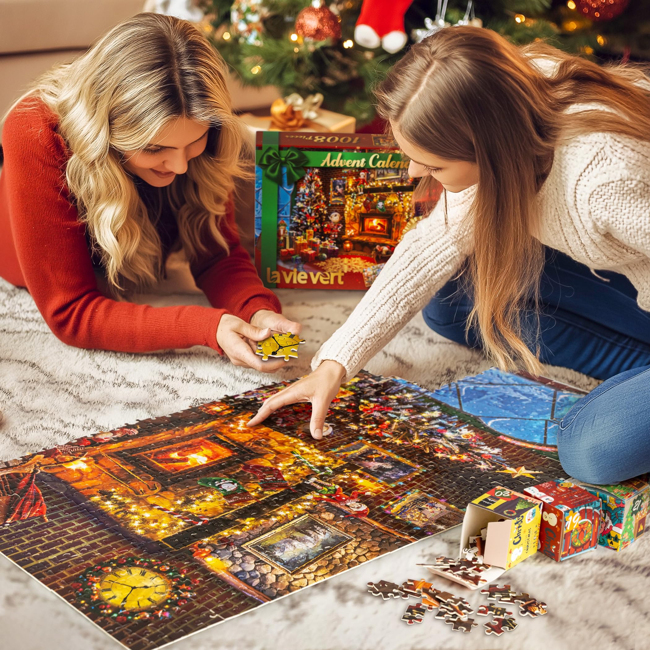 Lavievert Adventskalender Puzzle 2024 – 1008 Teile Weihnachtskamin, 24 Tage Countdown