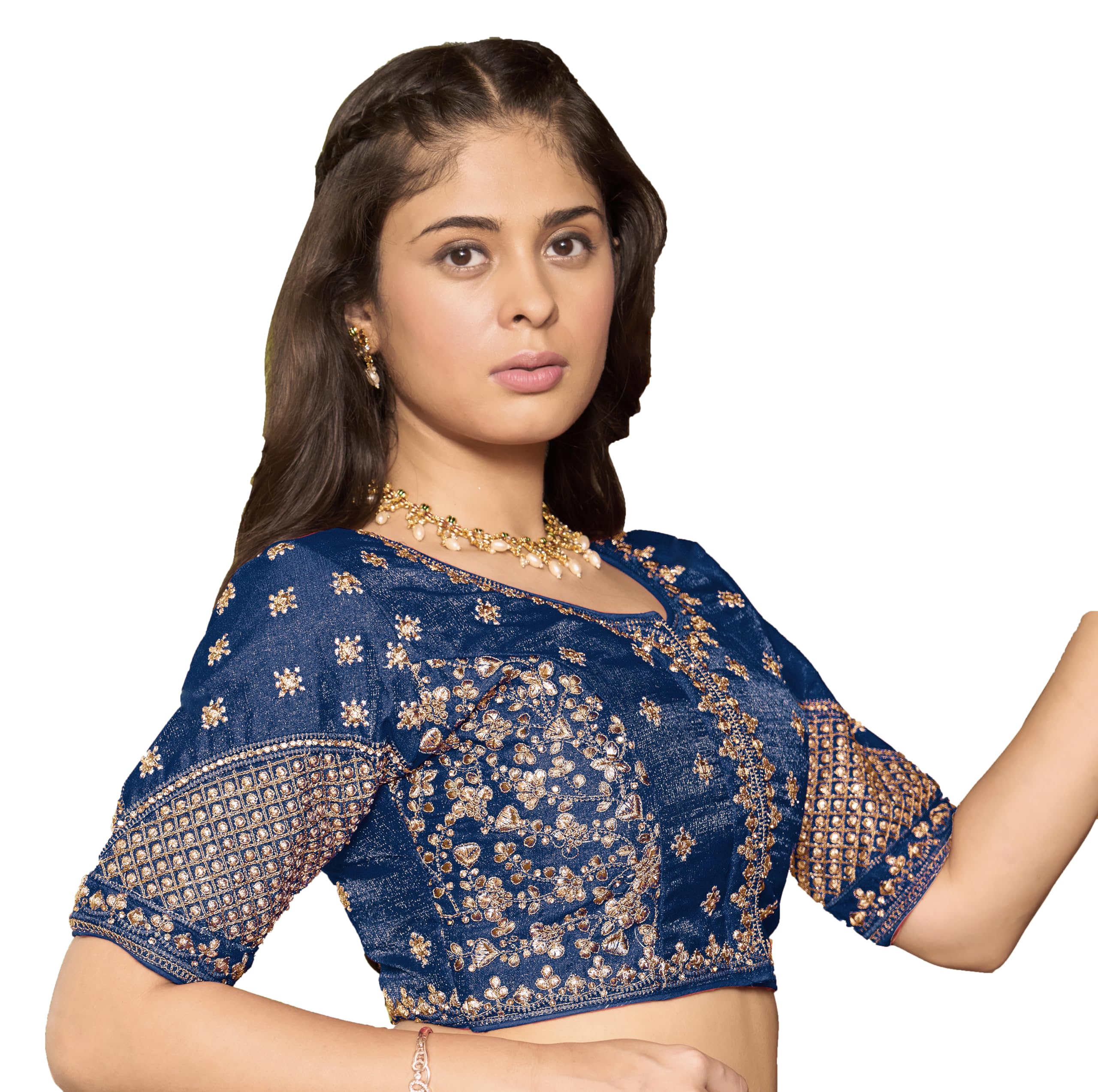 Pujia Mills Women's Readymade Blouse Multi Golden Codding Sequence Embroidery Work Indian Ethnic Designer Stitched Readymade Saree Half Sleeve Morpeach Blouse For Women For Saree Lehenga Choli