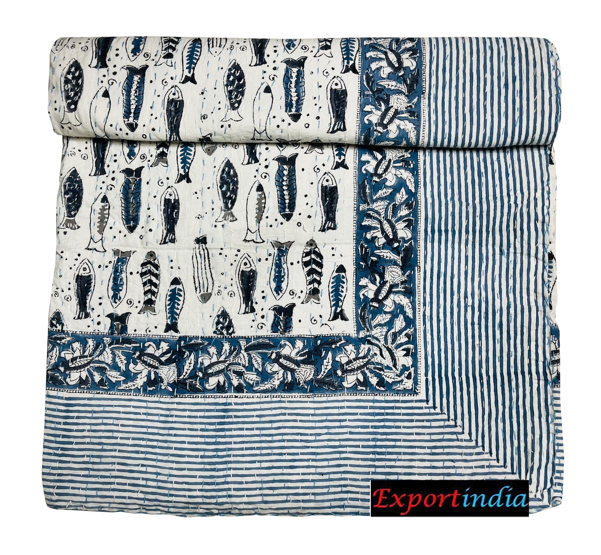 Exportindia New Indian Hand Block Print 100% Cotton Kantha Quilt Jaipuri Fish Print King/Queen Size 90x108 Inch
