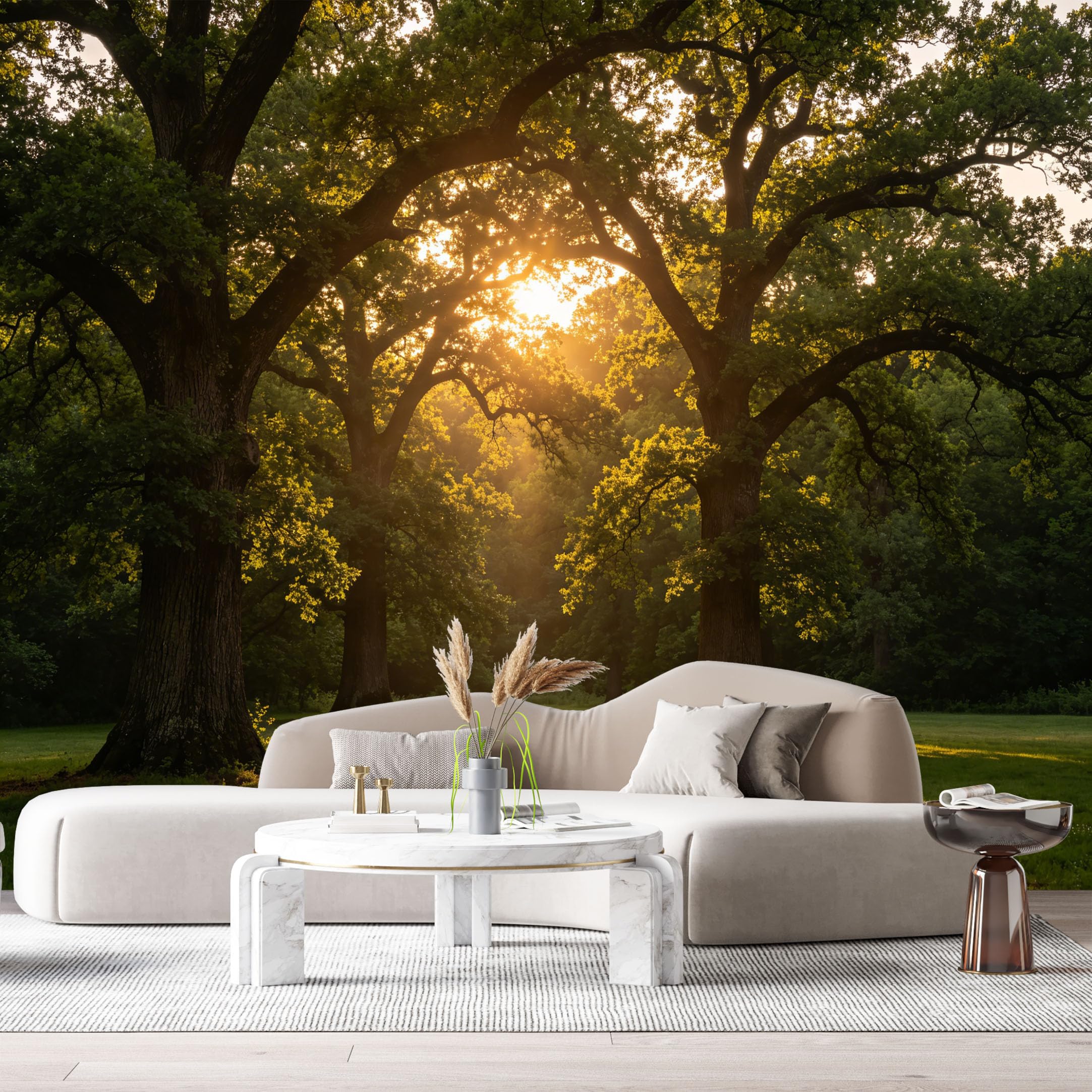 Custom Size Wall Murals Forest Landscape Sunrise Between Oak Trees Botanical Nature Scene SelfAdhesive Wall Fabric Removable Large Wallpaper for Photo Living Room
