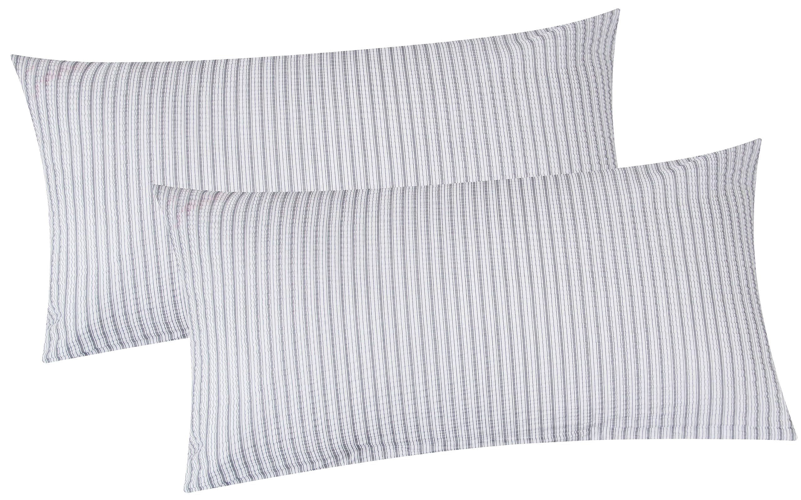 Seersucker Kissenbezug 2er Set 40x80 Grau Weiß Gestreift (BS-Streifen-Grau) | Kopfkissen-Bezug, Kissenhülle, Doppelpack - 100% Baumwolle - 40x80cm