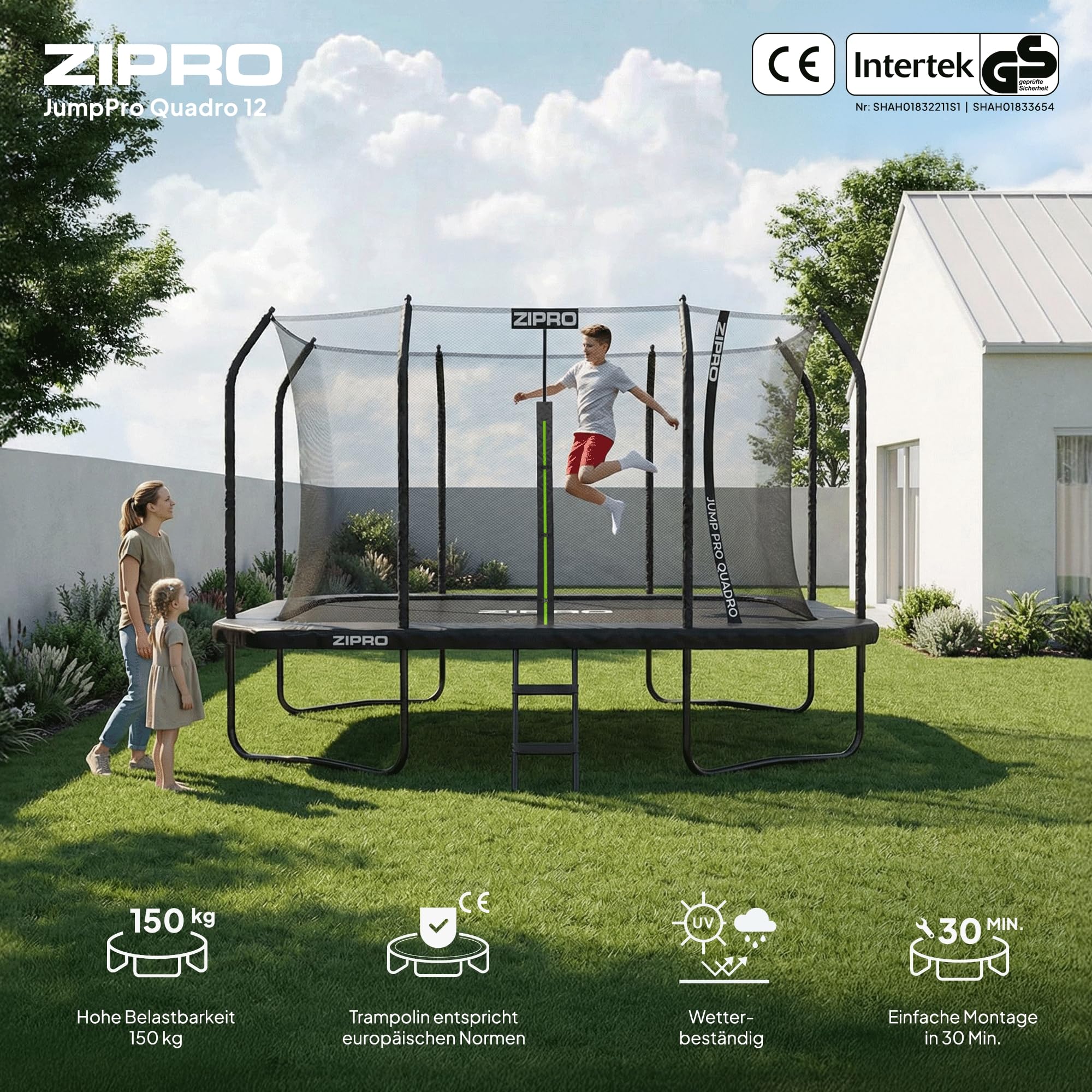 ZIPRO Trampolin Outdoor - Gartentrampolin Bodentrampolin Garten mit Trampolinnetz Trampolinmatte Trampolinleiter Netz Leiter 366/472 cm 12ft 14ft bis 150 kg Familientrampolin - Quadro