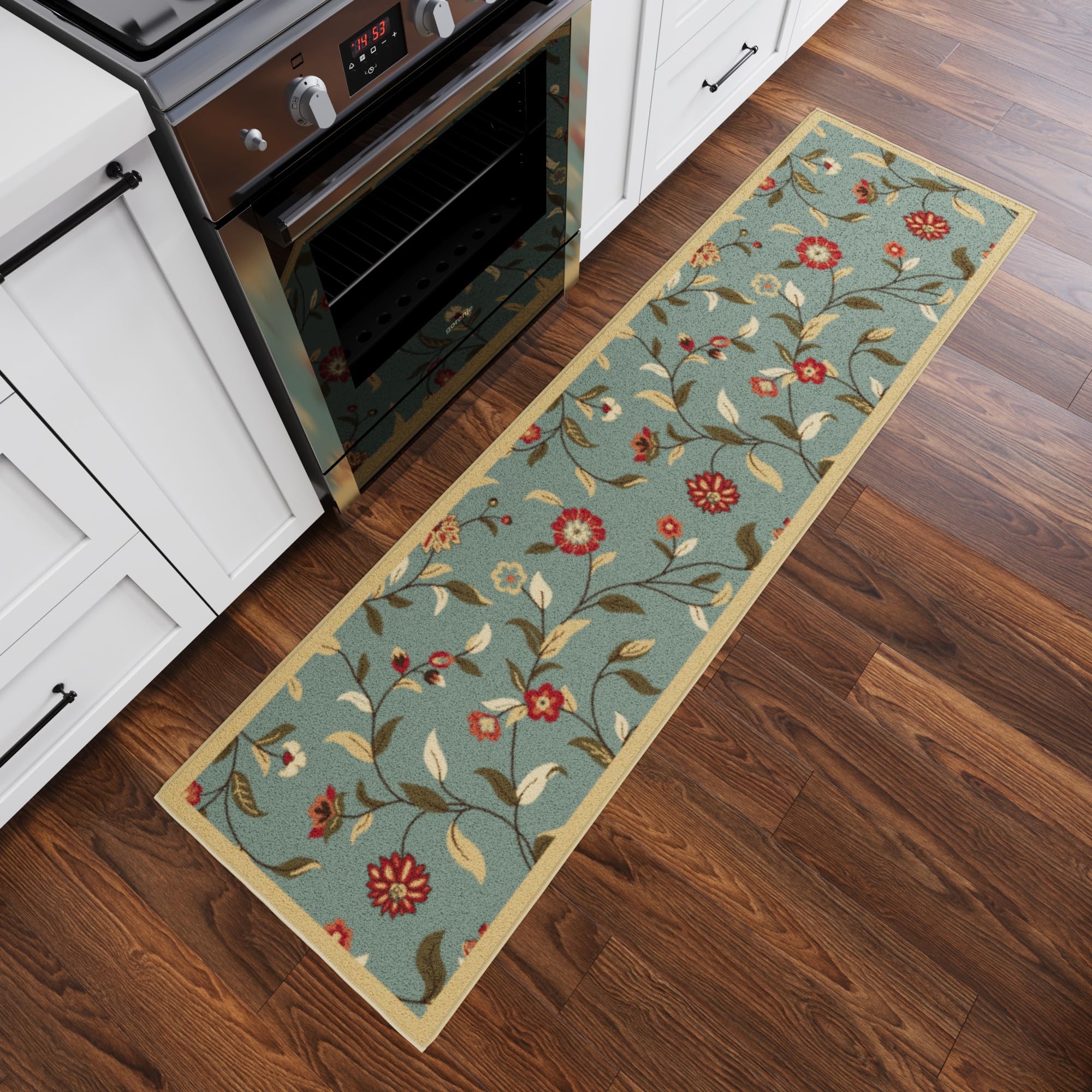 Ottomanson Hallway Runner Rug 1'10" x 7' Non Slip Floral Area Rugs Easy to Clean Laundry Rug Runner Durable Floor Carpet Runners for Hallways Entryway Living Room Kitchen Bathroom, Seafoam Green