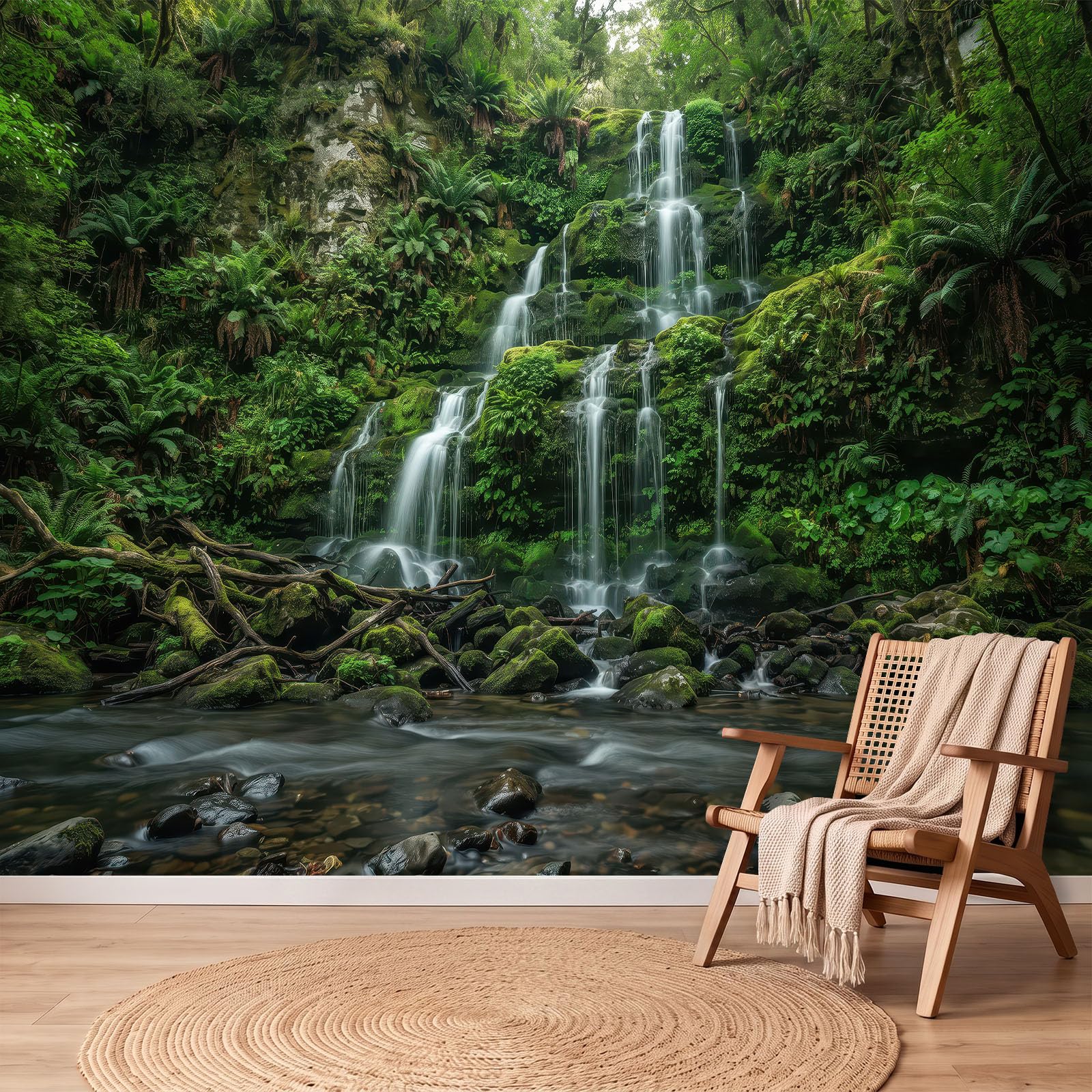 Papier Peint panoramique Forêt Cascade, 200x140 cm (LxH)
