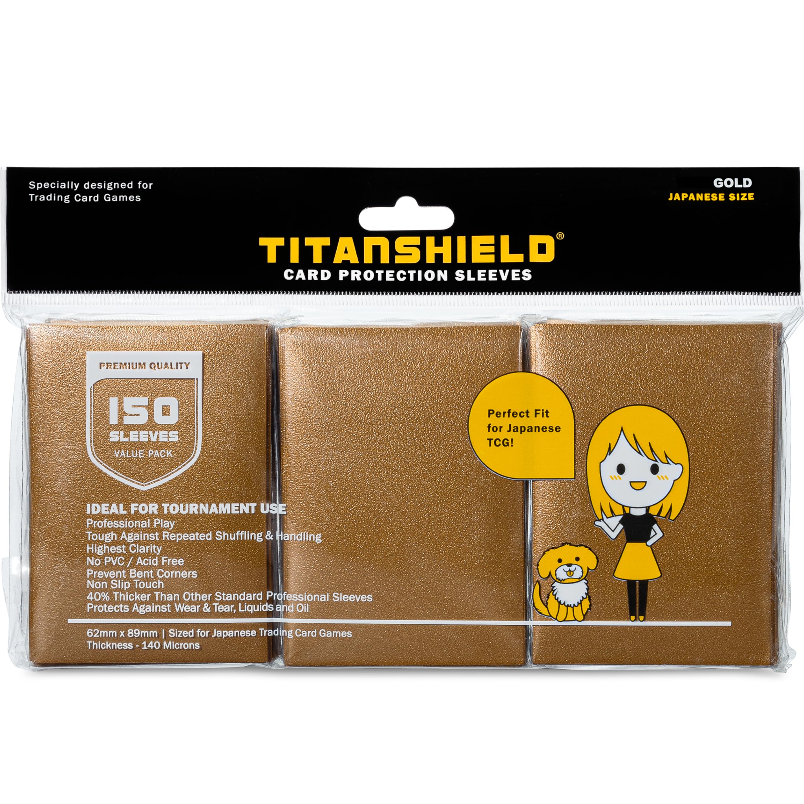 TitanShield 150 Gold Small Japanese Sized Trading Card Sleeves Deck Protector for Yu-Gi-Oh, Cardfight!! Vanguard & More