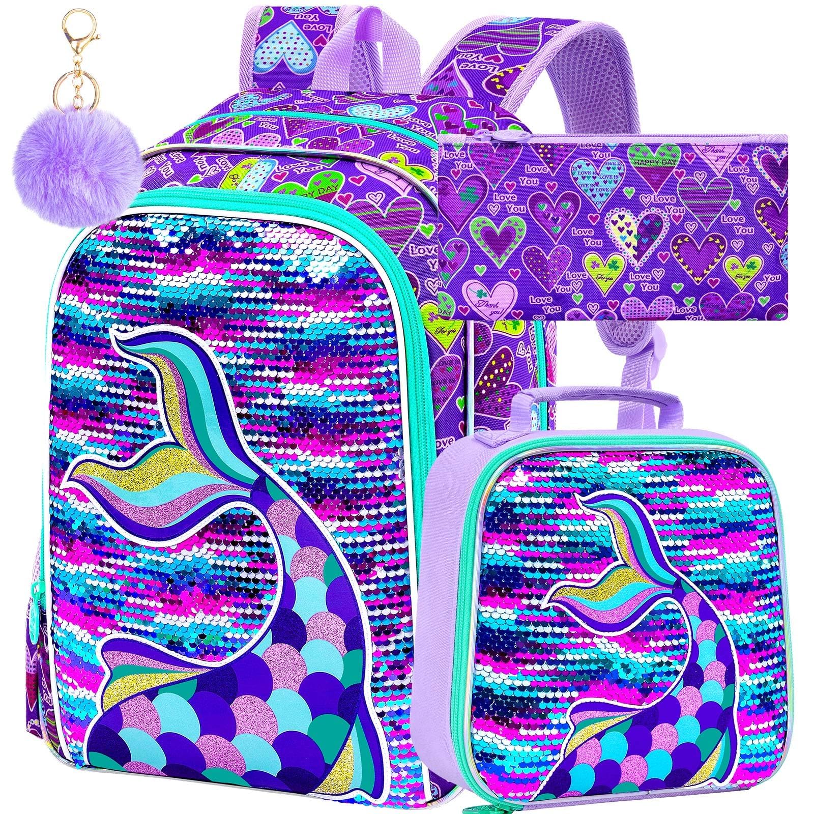 CCJPX 3Pcs Mermaid Backpack, 16” Girls Sequin Bookbag with Lunch Box, Kids Water Resistant Elementary School Bag for Kindergarten Preschool Toddler (Purple)