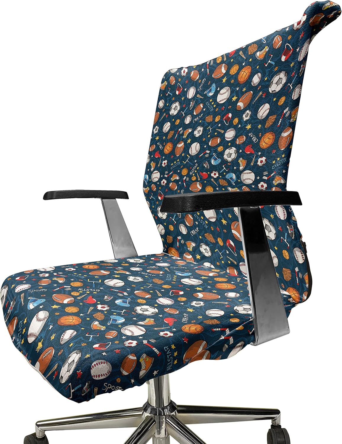 Ambesonne Sport Office Chair Cover, Many Basketball Baseball and Football Champ Gloves Dark Background, Stretchable Decorative Universal Size High Back Printed Slipcover, Dark Blue White Orange