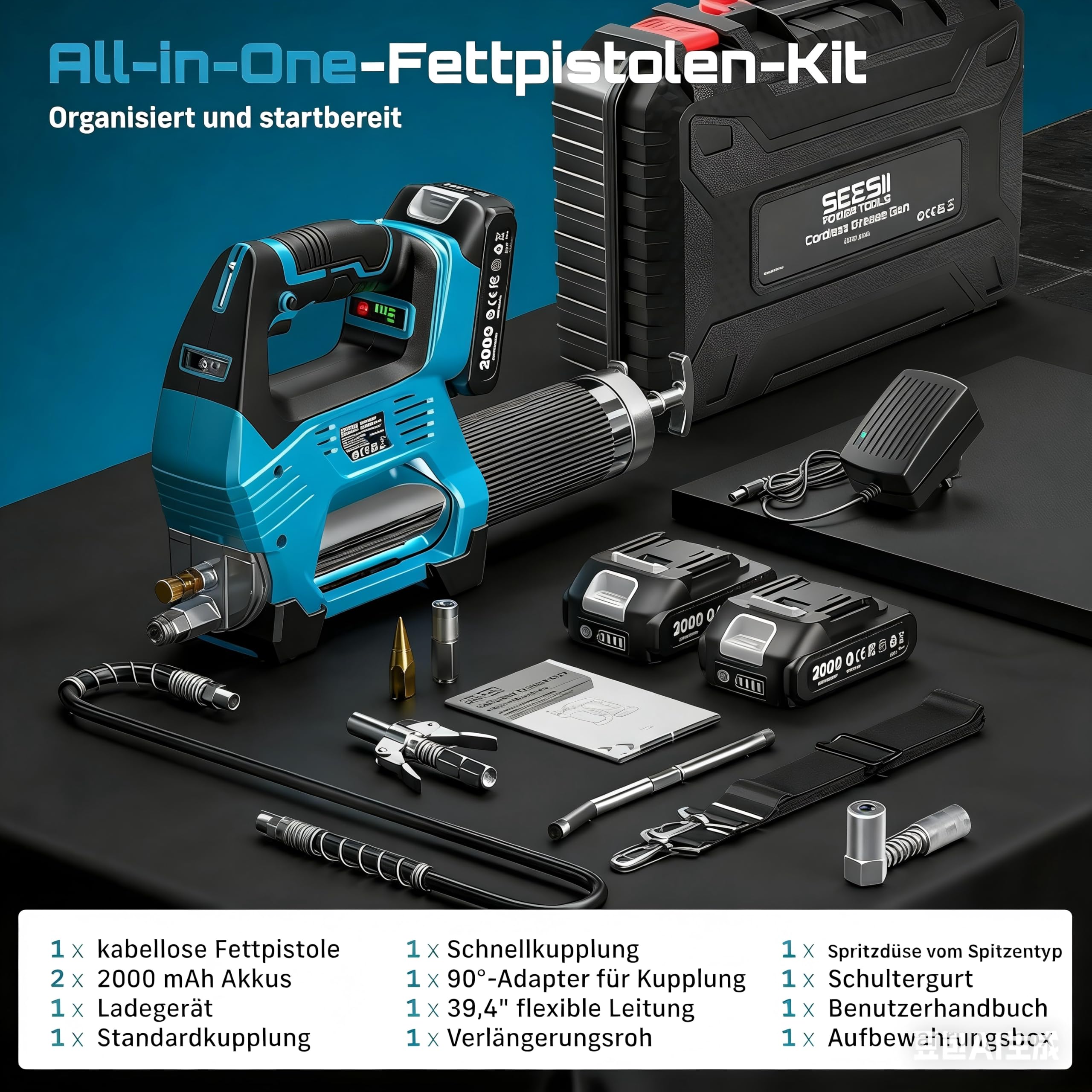Seesii 12000PSI Akku Fettpresse Set mit 2 Akkus (und kompatibel mit Makita 18V Akku), 3 Geschwindigkeiten, Bürstenlosem Motor, 3 Mundstück, 1m langem Schlauch, 90-Grad-Adapter und LED-Leuchte
