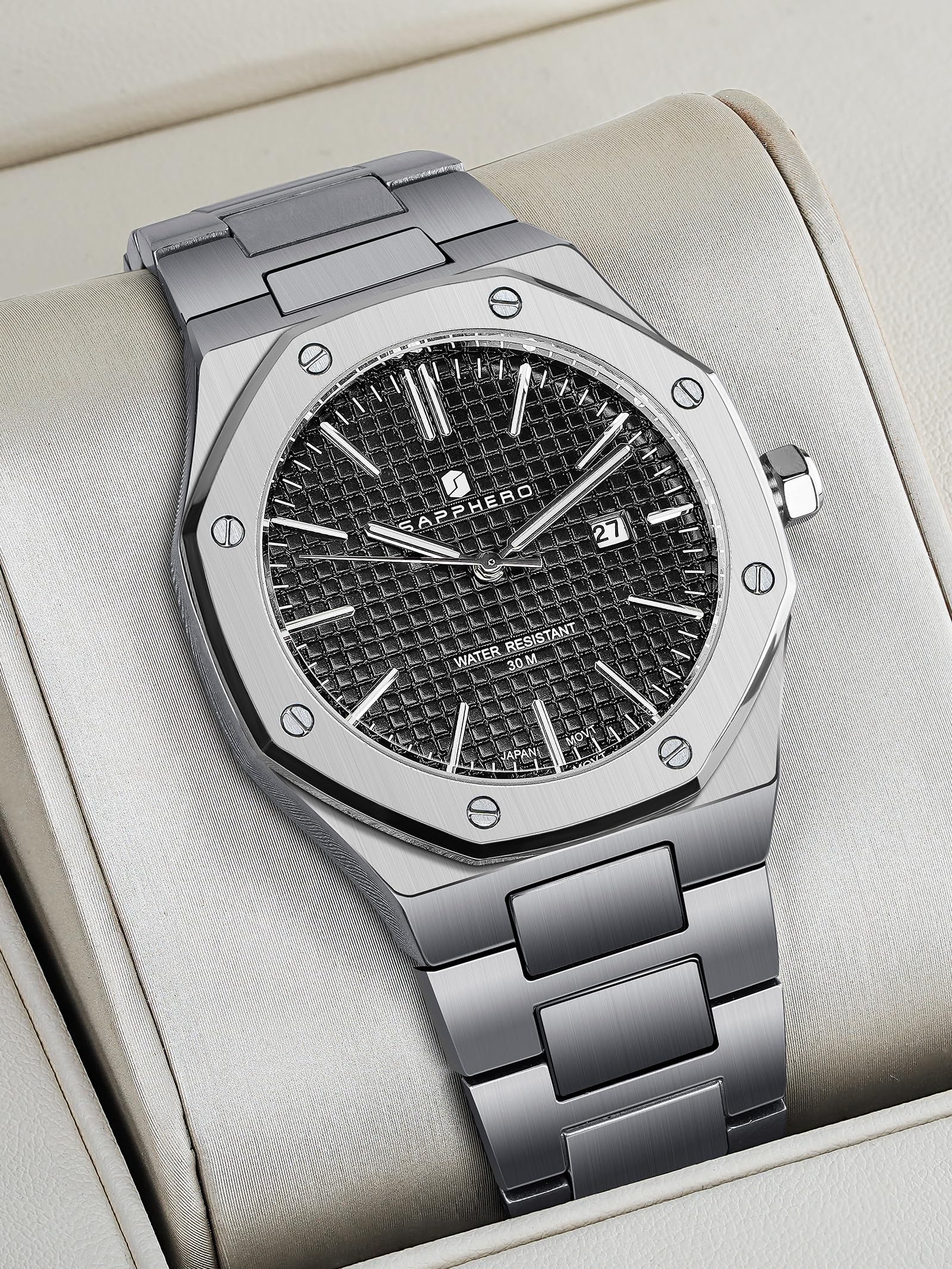 SAPPHERO Orologi da uomo Orologio da uomo in acciaio inossidabile al quarzo impermeabile con datario orologio da polso elegante e professionale regalo per oro