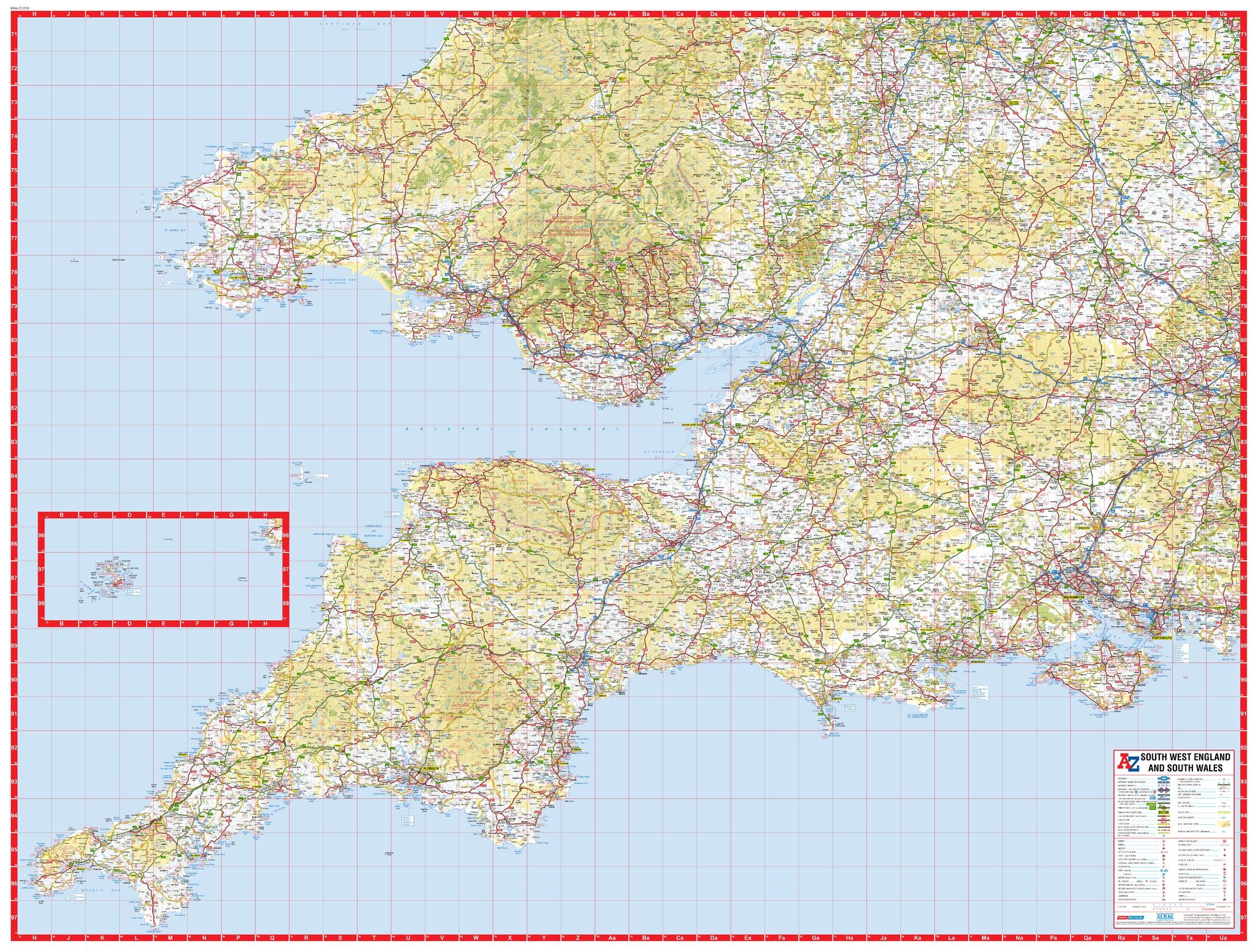 A-Z Maps A-Z South West England and South Wales Road Map - 45.75" x 34.5" Rolled Canvas