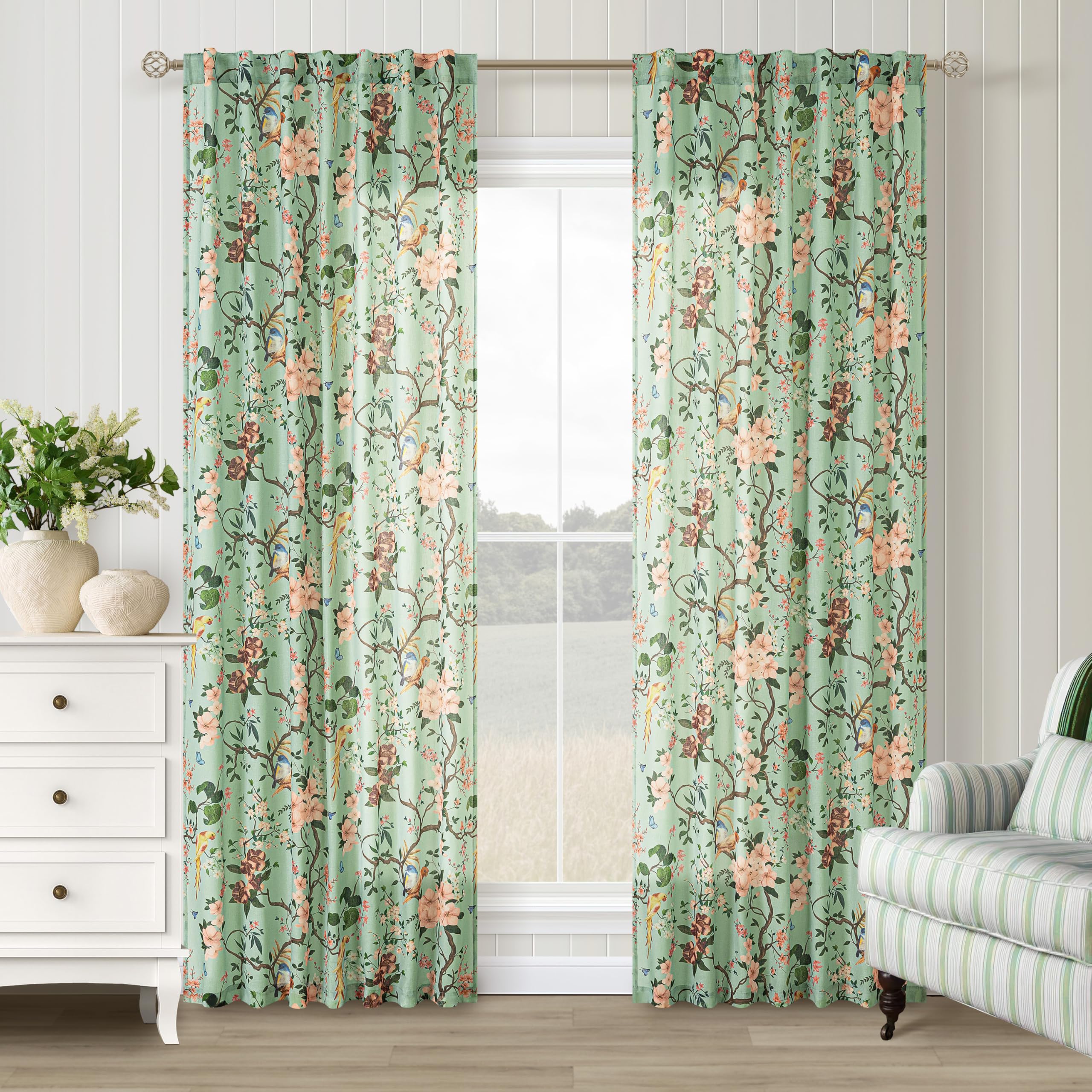 Green 96 Inch Floral Curtains Linen Blend for Living Room Dining Back Tab | Boho,2 Panels,96 Inches Long,Seafoam Green,Botanical,Colorful,Bird Pattern,Light Filtering,Sheer Window Drapes,for Bedroom